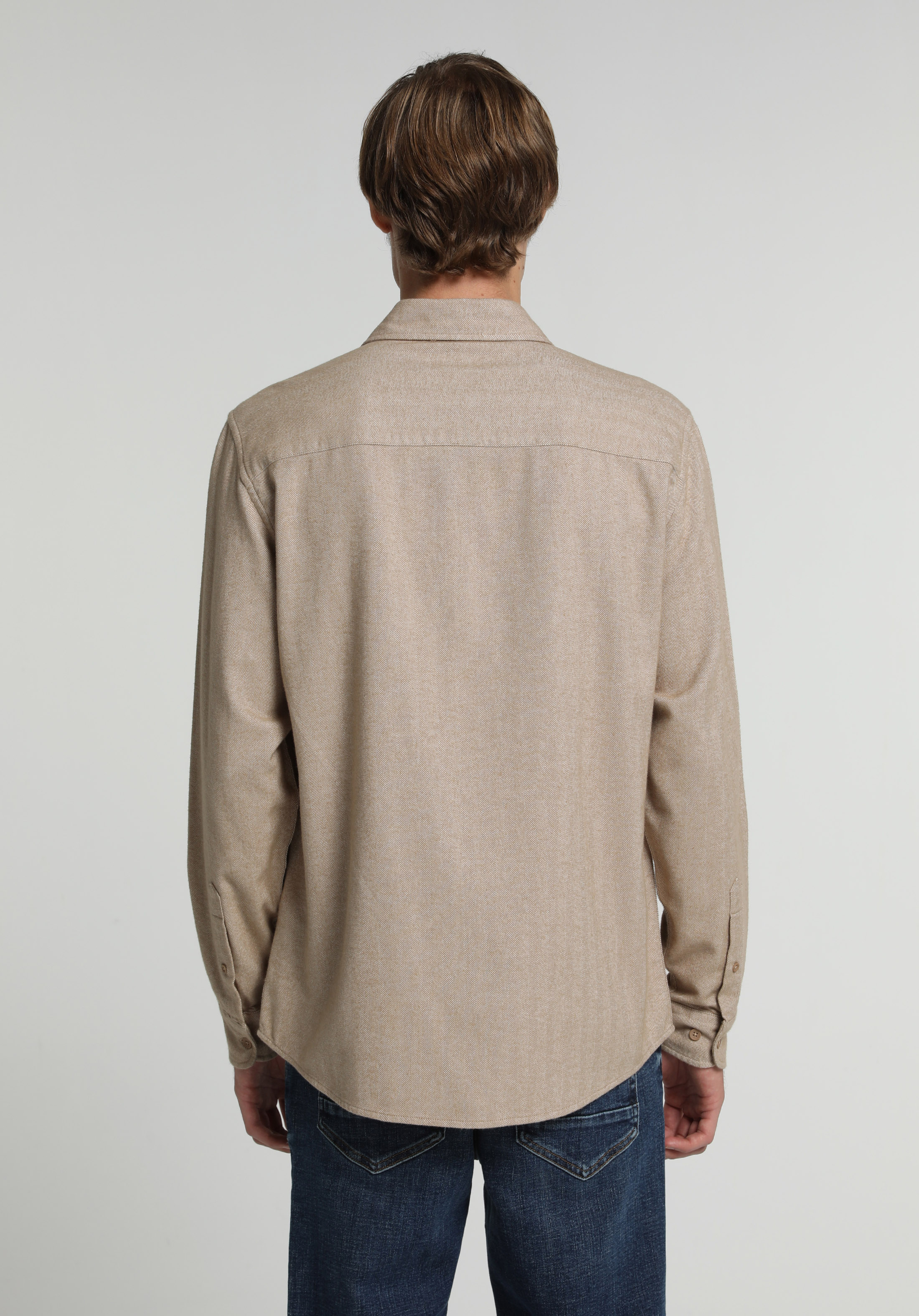 Regular Fit Shirt Neck Düz Erkek Bej Uzun Kol Gömlek