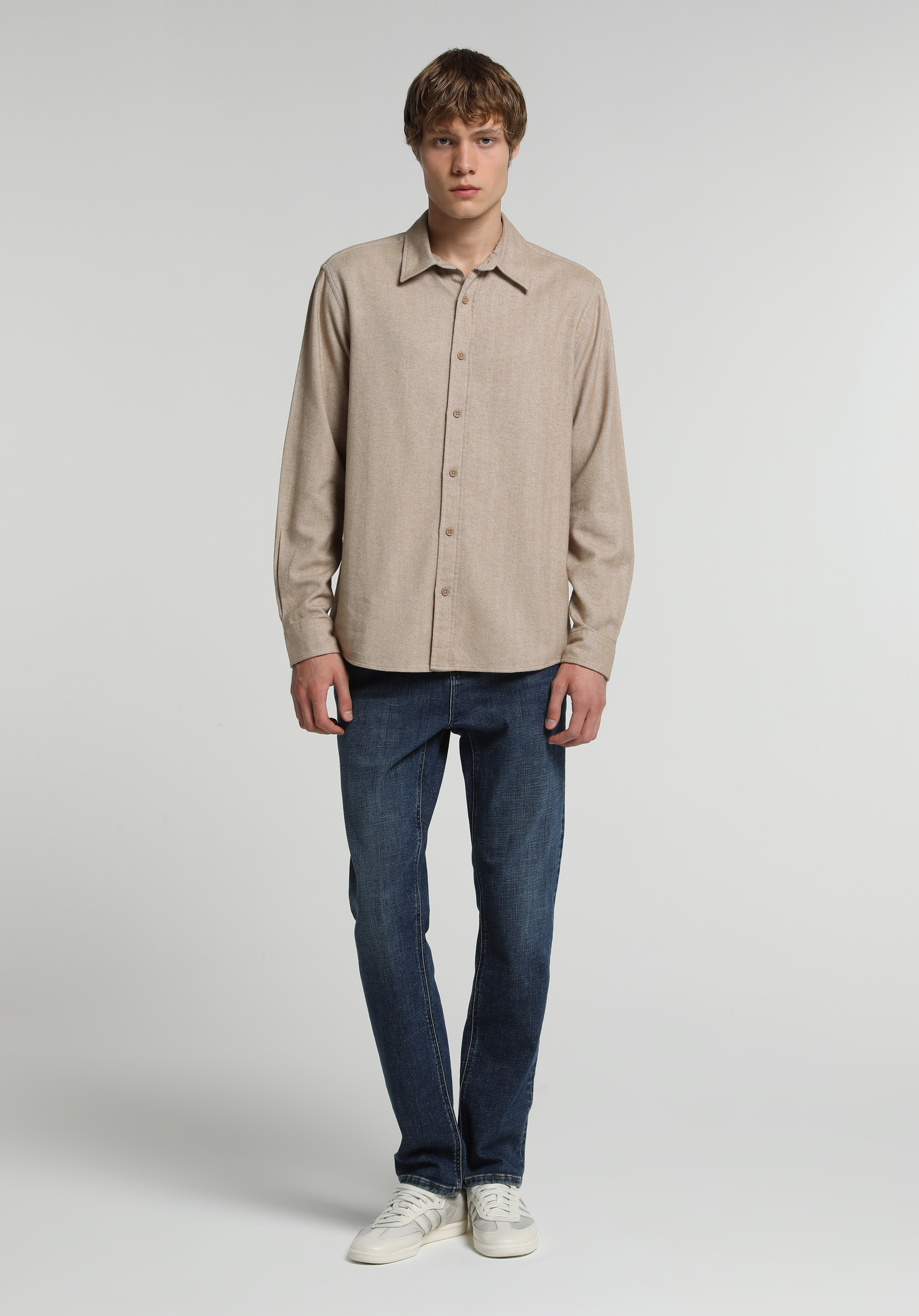 Regular Fit Shirt Neck Düz Erkek Bej Uzun Kol Gömlek
