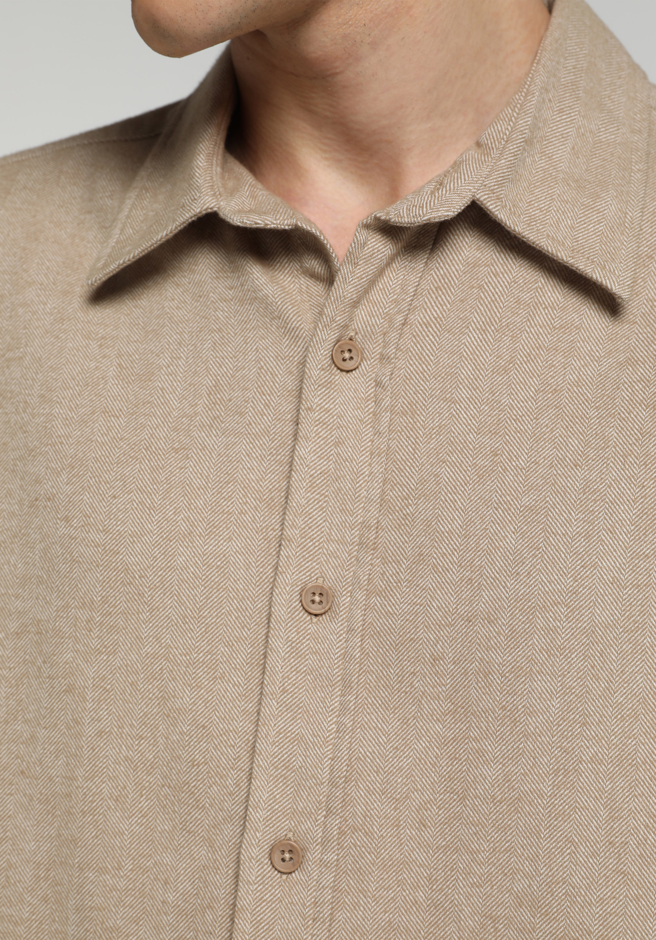 Regular Fit Shirt Neck Düz Erkek Bej Uzun Kol Gömlek