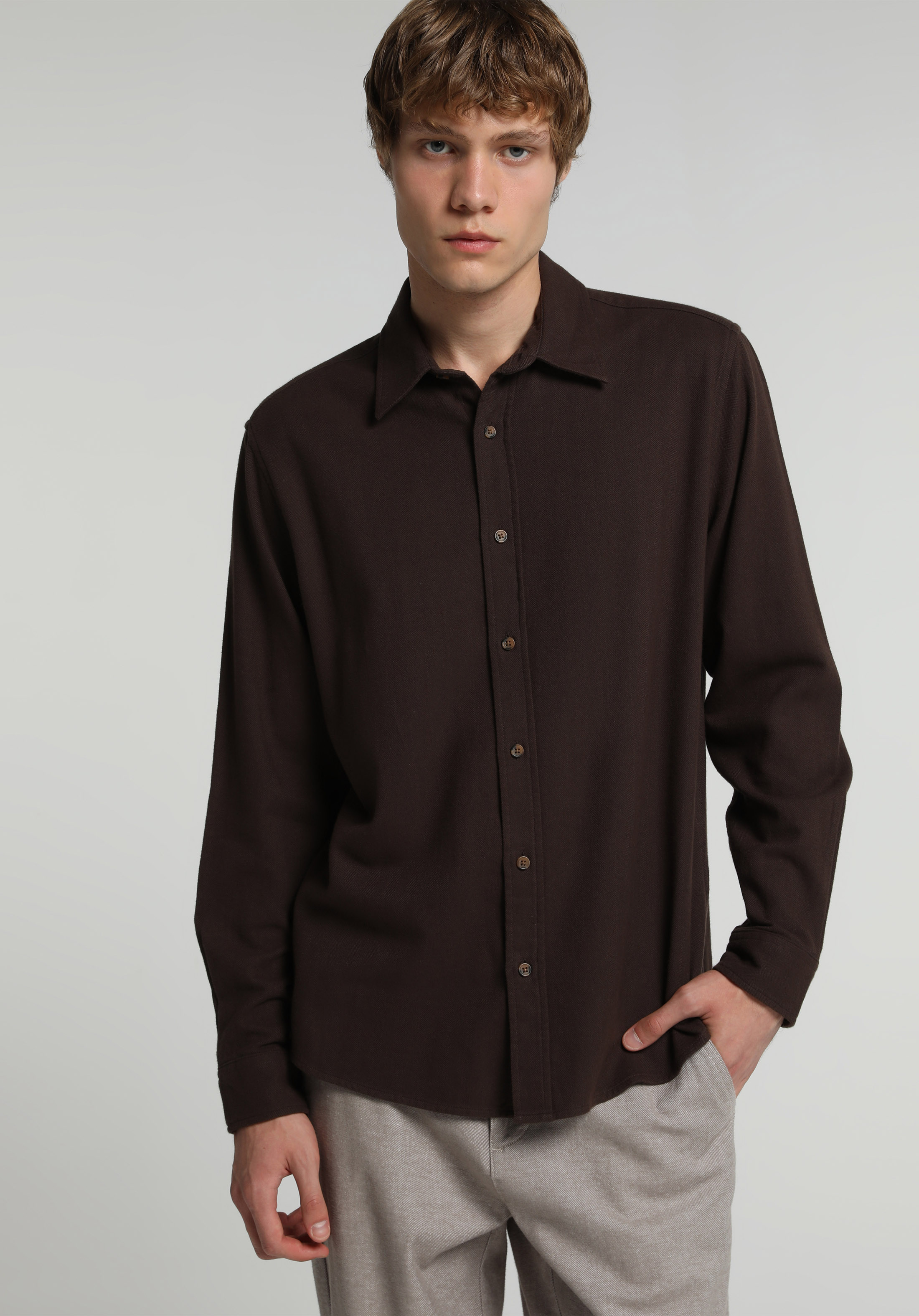Regular Fit Shirt Neck Düz Erkek Kahverengi Uzun Kol Gömlek