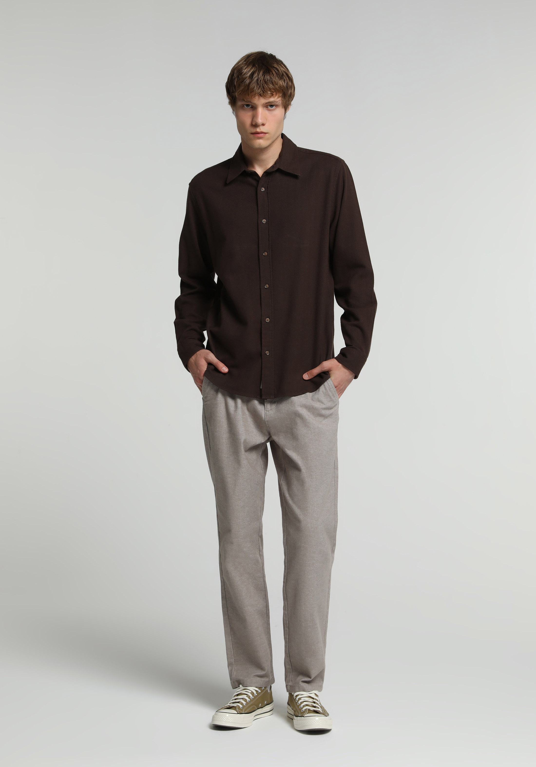 Regular Fit Shirt Neck Düz Erkek Kahverengi Uzun Kol Gömlek