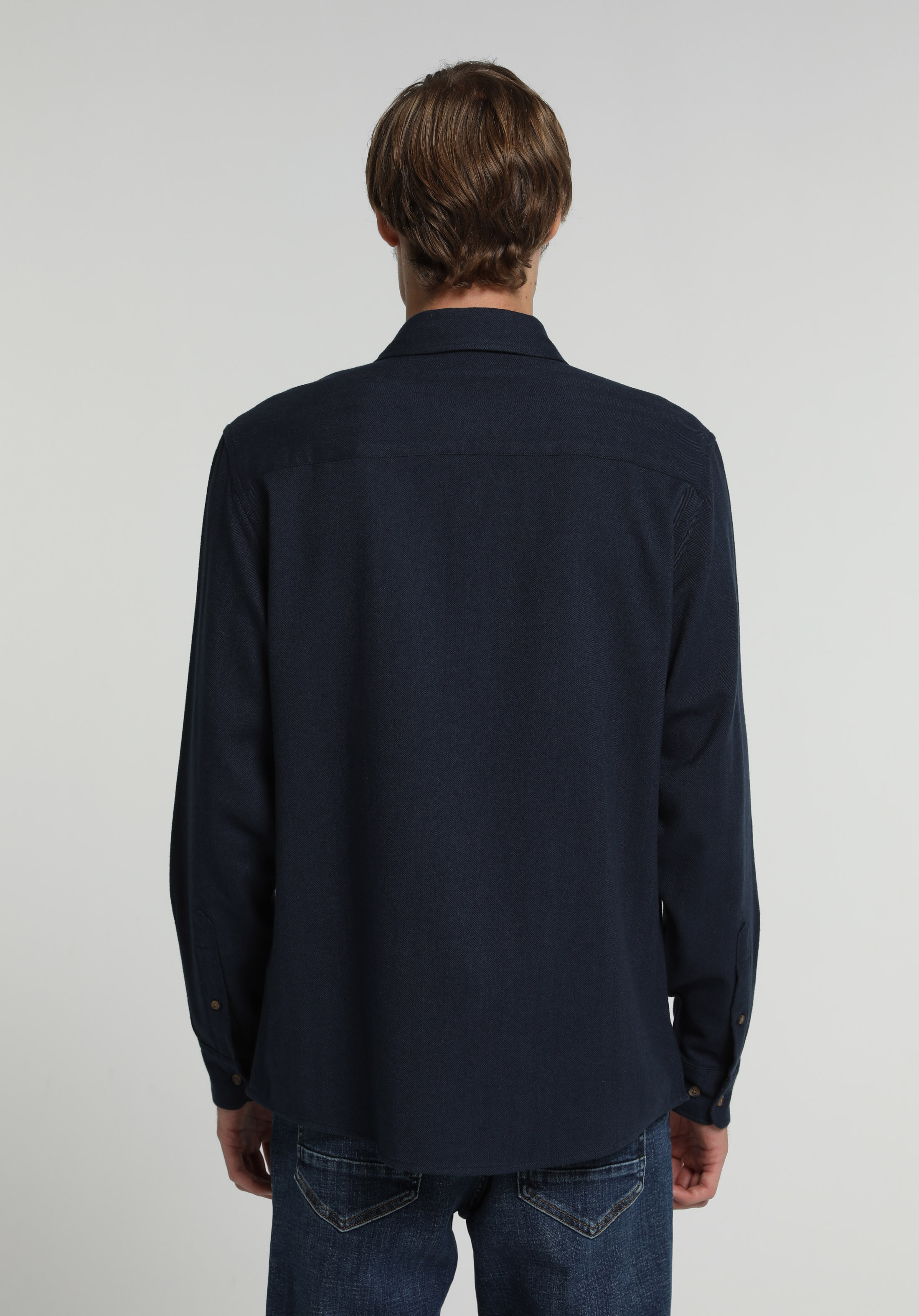 Regular Fit Shirt Neck Düz Erkek Lacivert Uzun Kol Gömlek