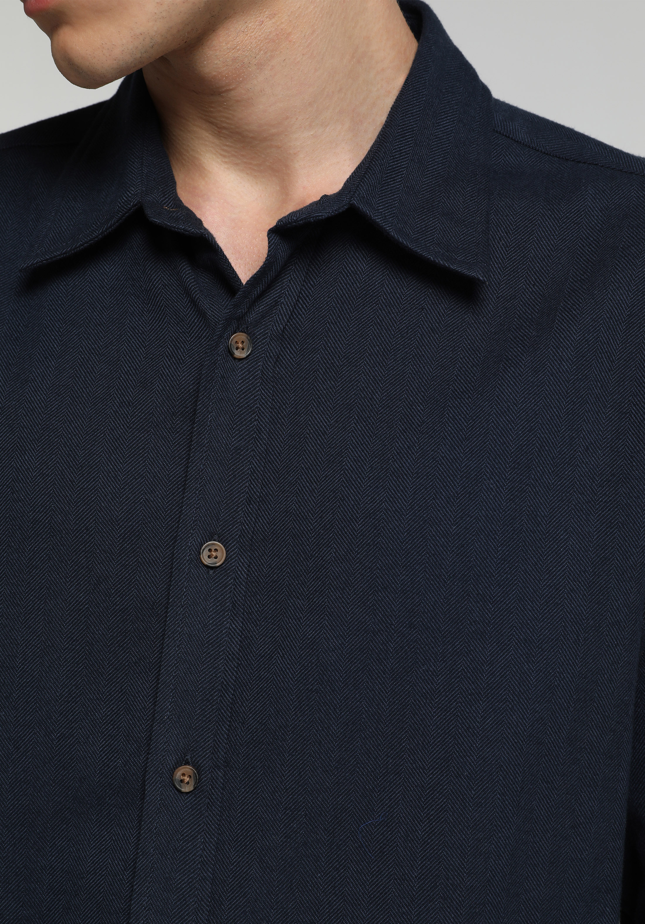 Regular Fit Shirt Neck Düz Erkek Lacivert Uzun Kol Gömlek