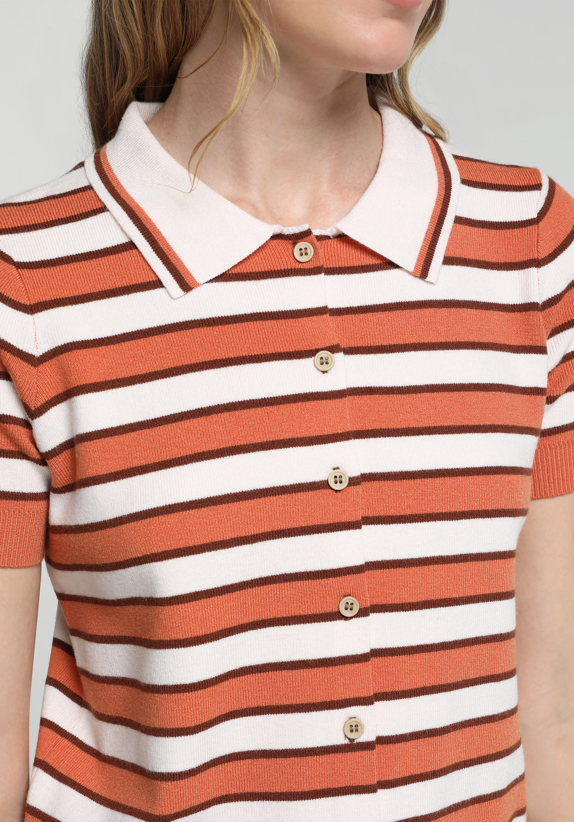 Regular Fit Polo Yaka Çizgili Kadın Çok Renkli Kısa Kol Kazak