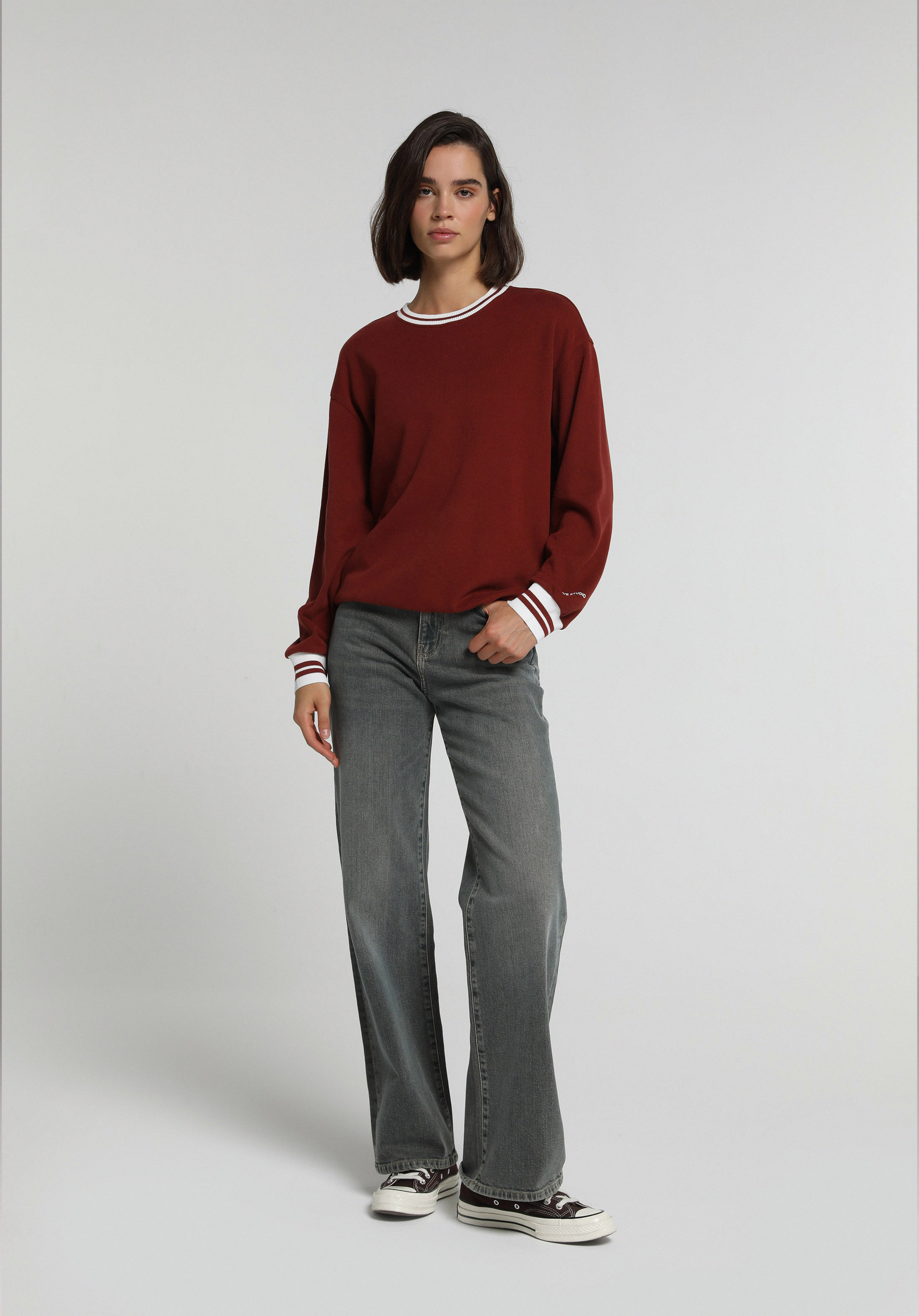 Regular Fit High Neck Baskılı Kadın Bordo Sweatshirt