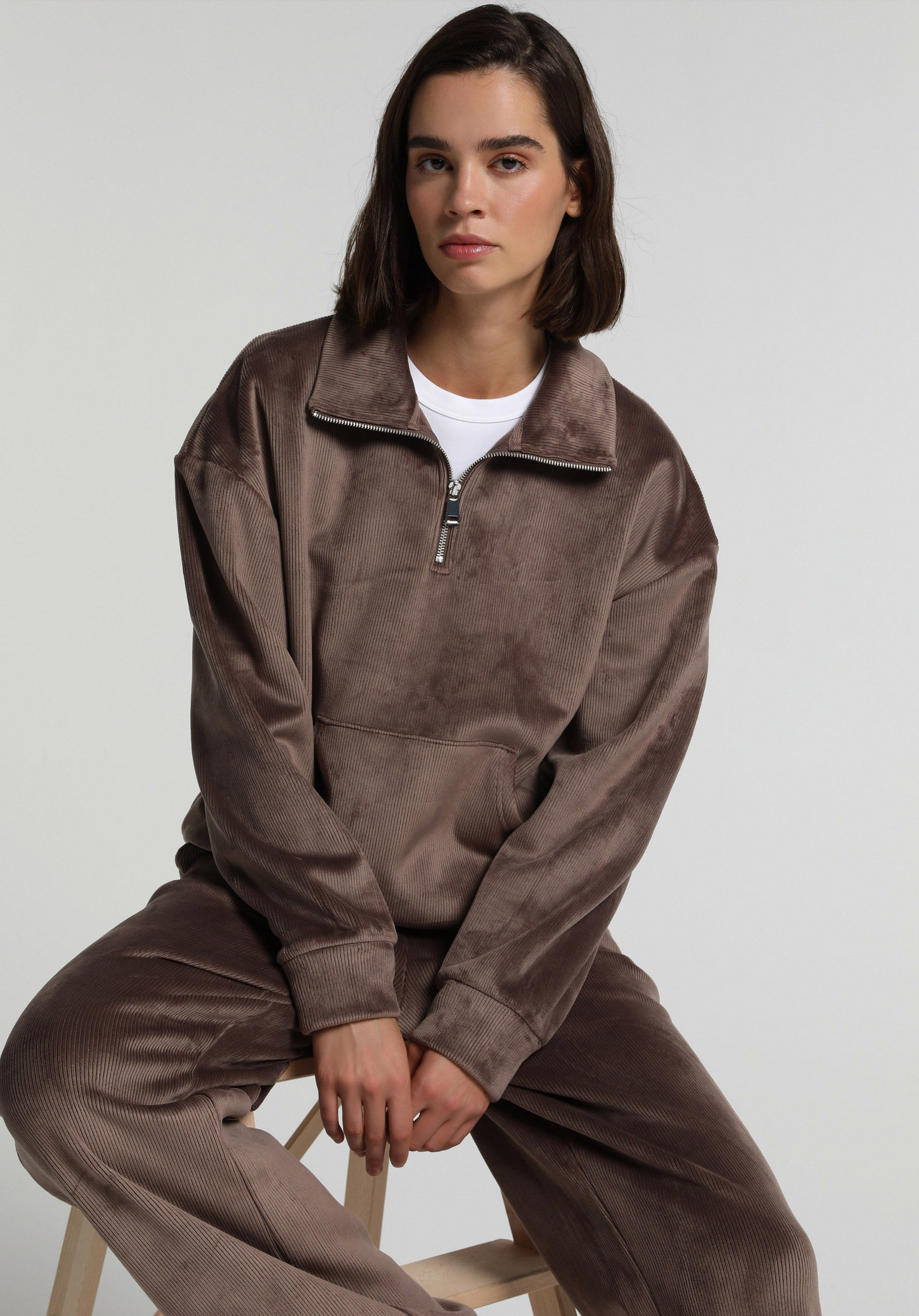 Regular Fit Polo Yaka Düz Kadın Kahverengi Sweatshirt