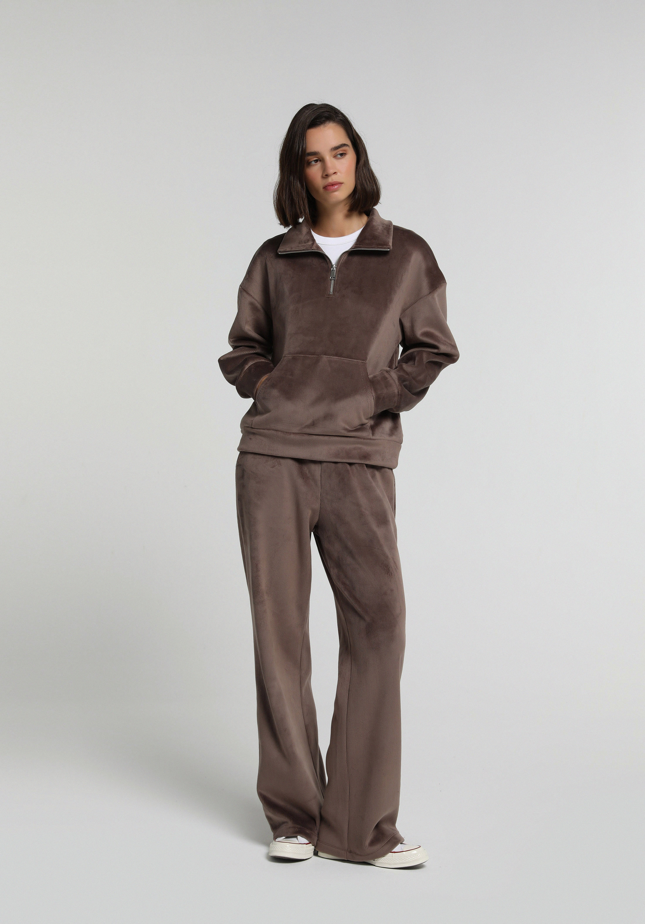 Regular Fit Polo Yaka Düz Kadın Kahverengi Sweatshirt