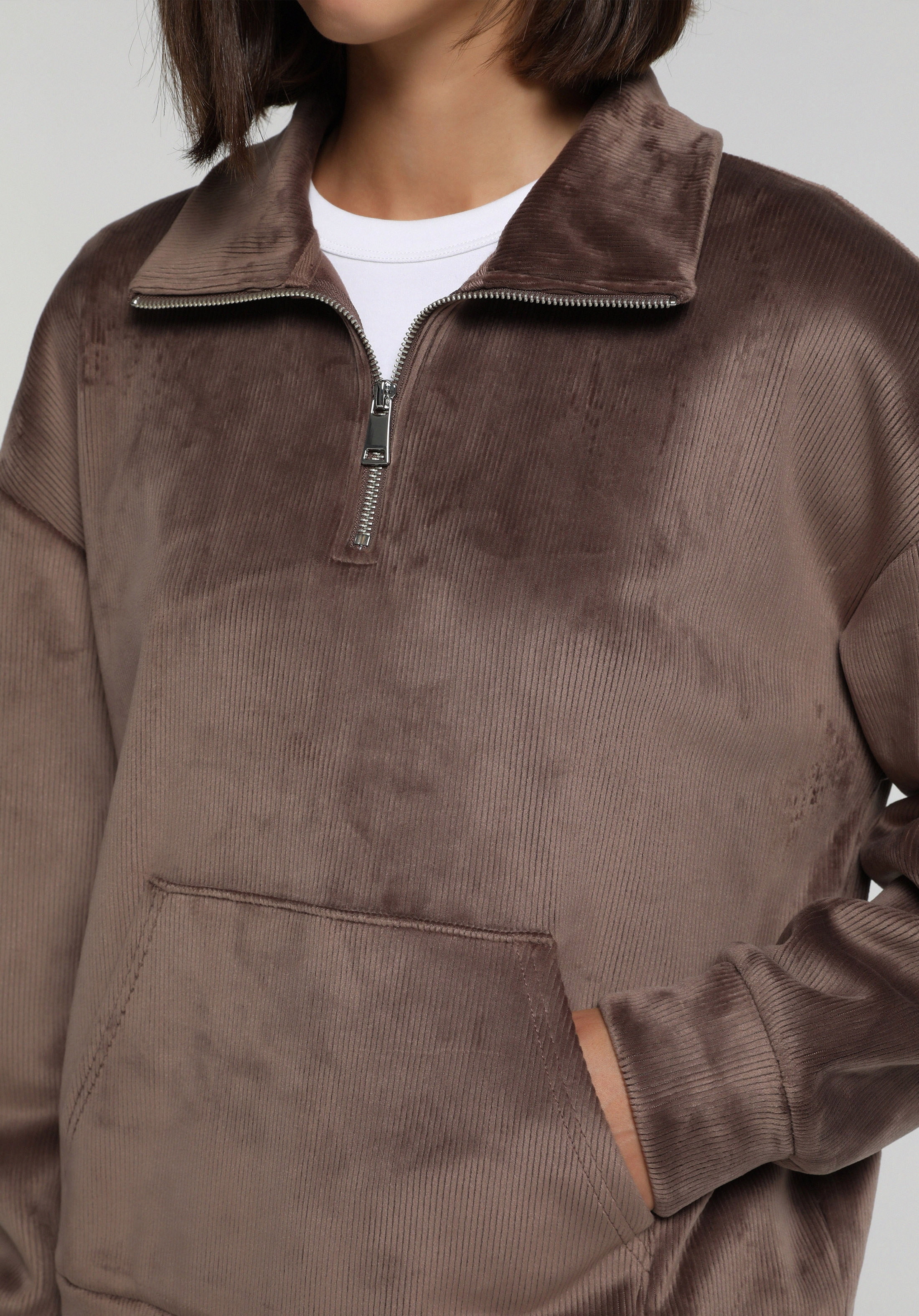 Regular Fit Polo Yaka Düz Kadın Kahverengi Sweatshirt