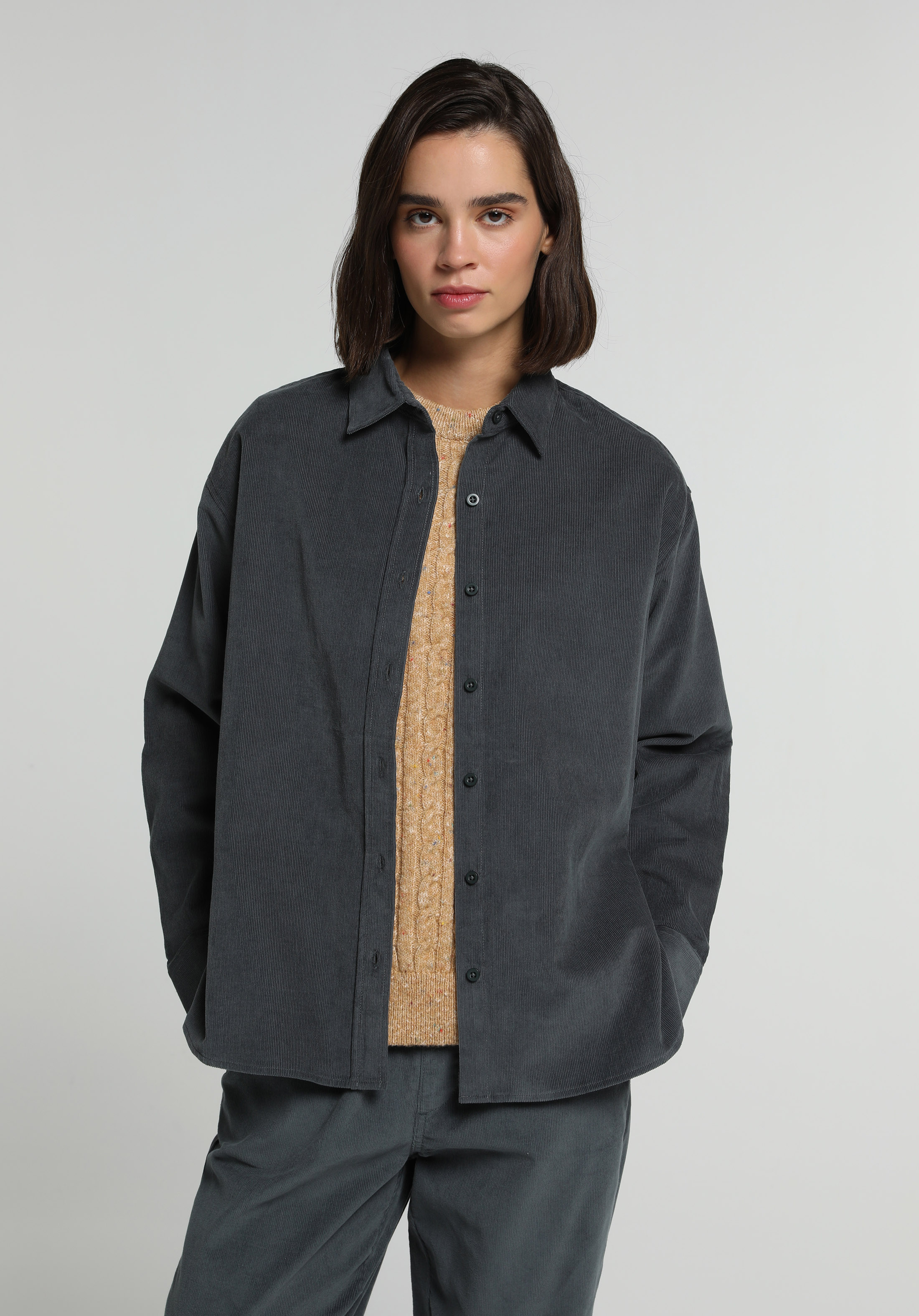 Boyfriend Fit Shirt Neck Düz Kadın Yeşil Uzun Kol Gömlek