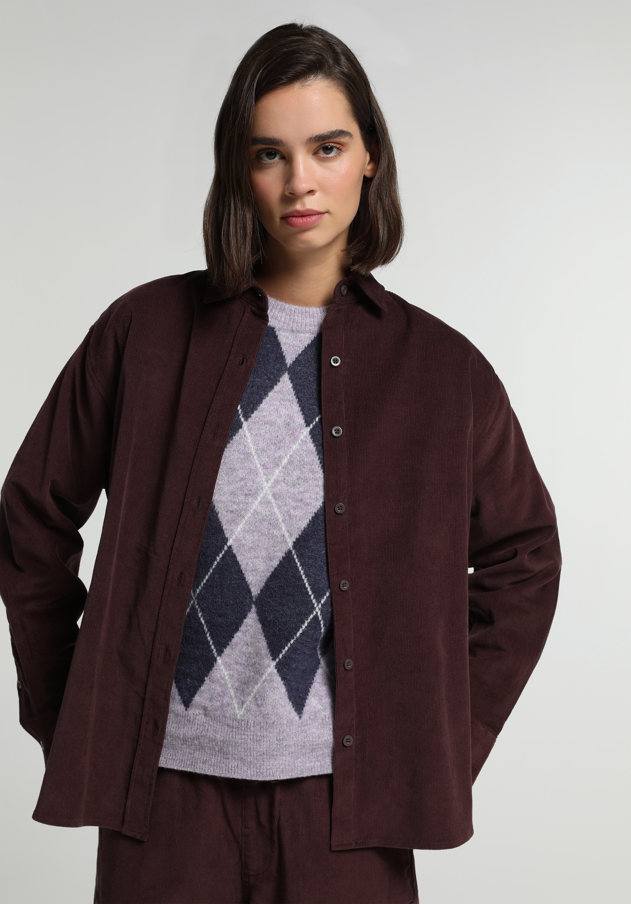 Boyfriend Fit Shirt Neck Düz Kadın Mor Uzun Kol Gömlek