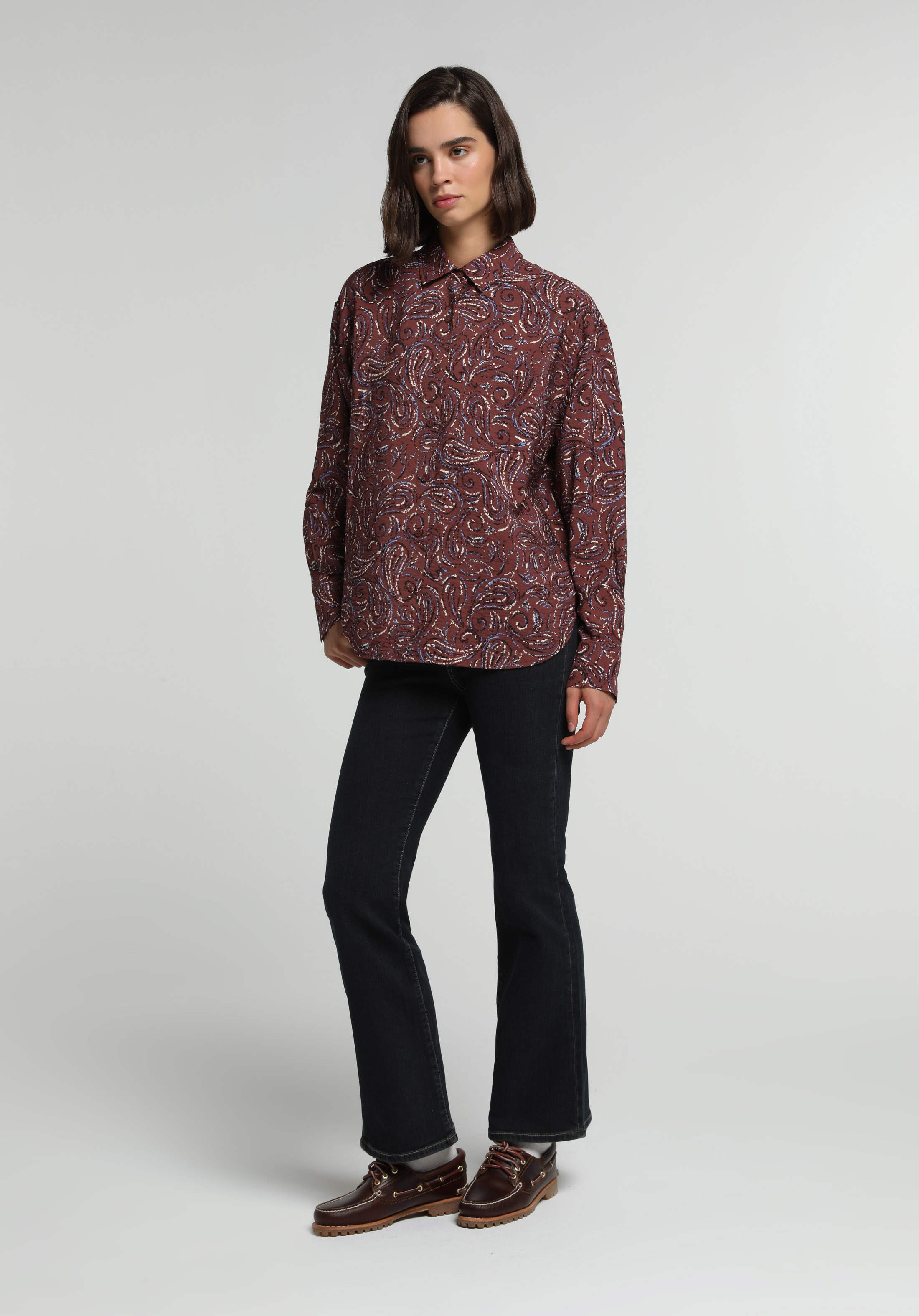 Boyfriend Fit Shirt Neck Baskılı Kadın Çok Renkli Uzun Kol Gömlek