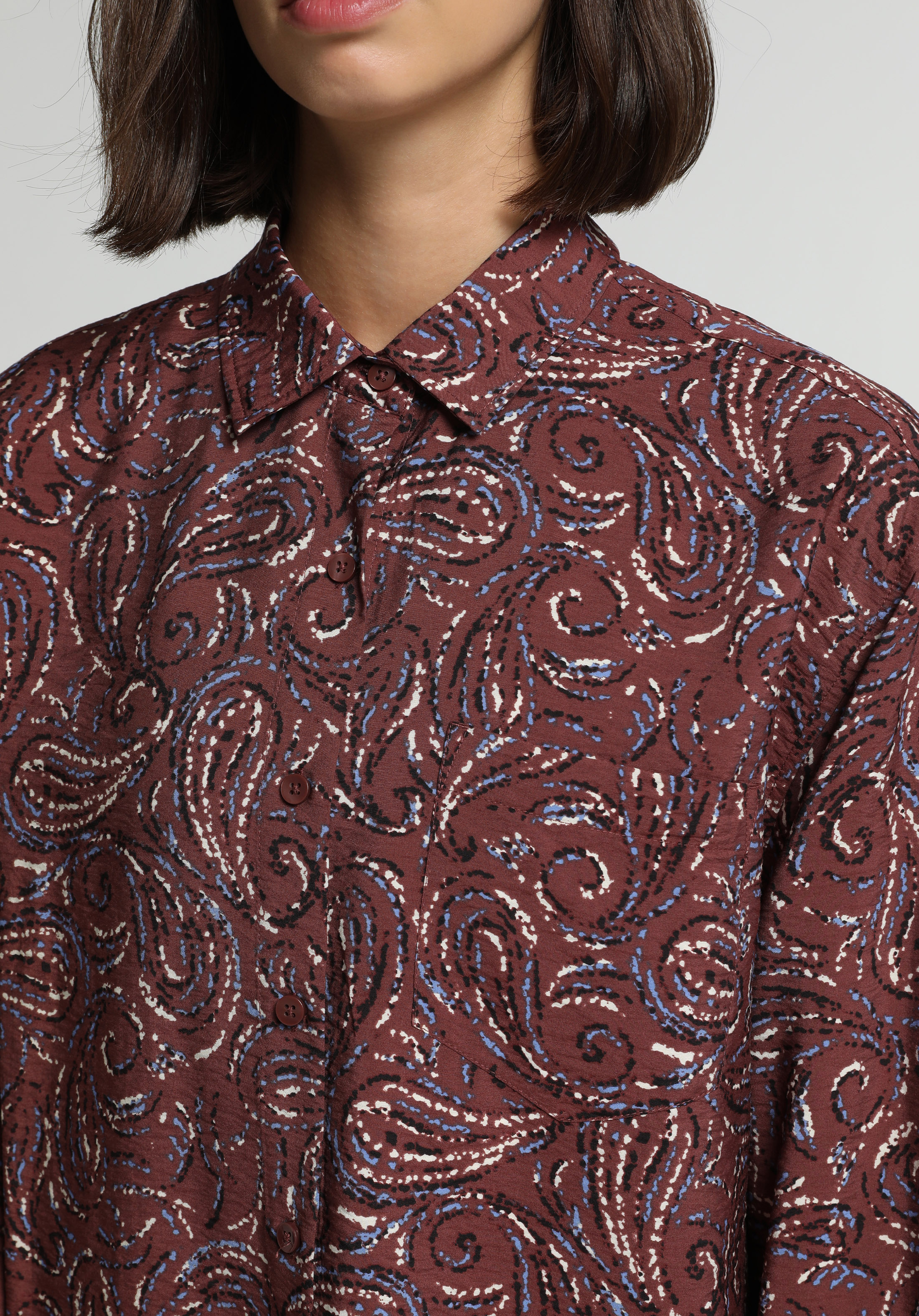 Boyfriend Fit Shirt Neck Baskılı Kadın Çok Renkli Uzun Kol Gömlek