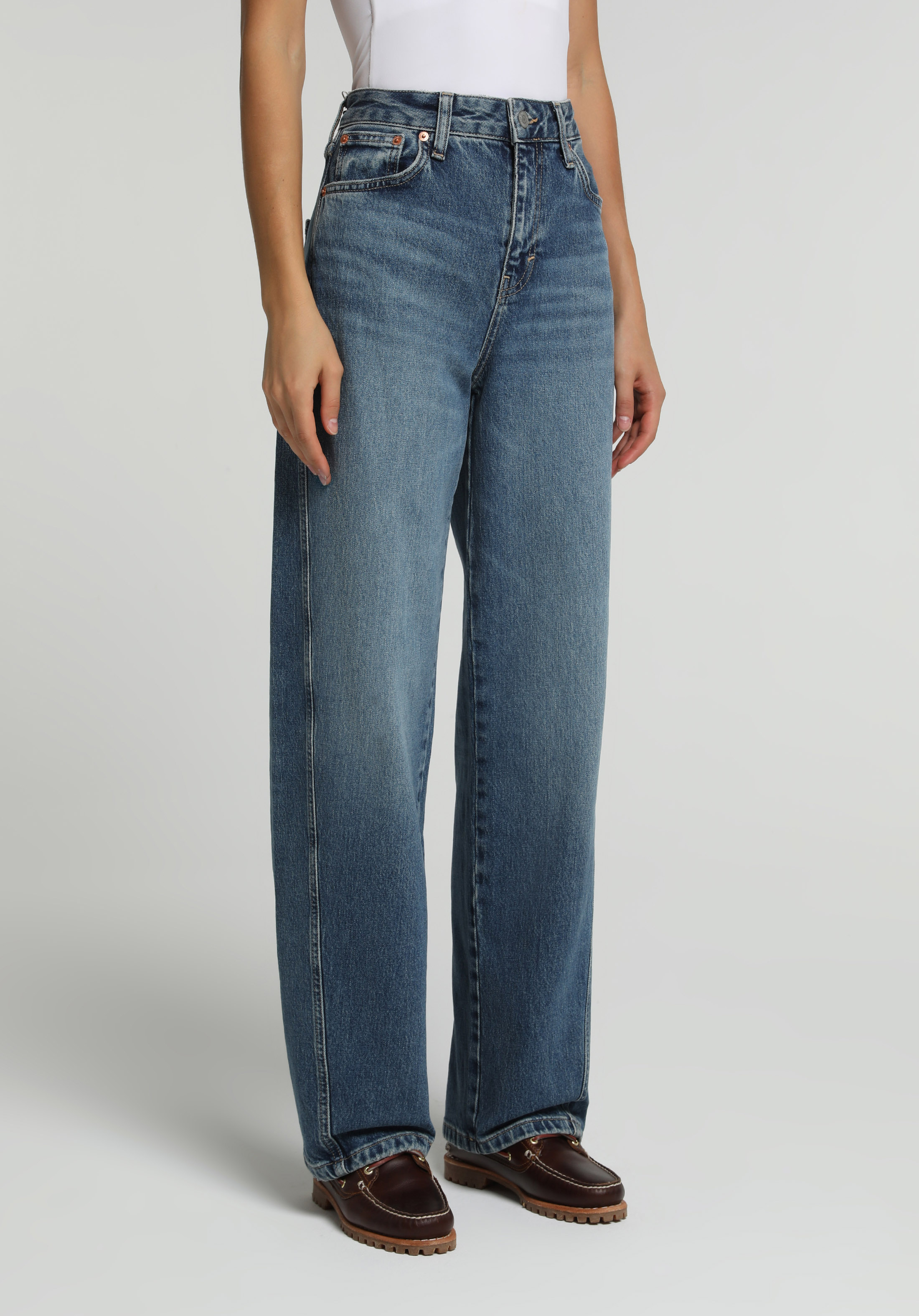 Baggy Fit   Kadın Mid İndigo Denim Jean Pantolon
