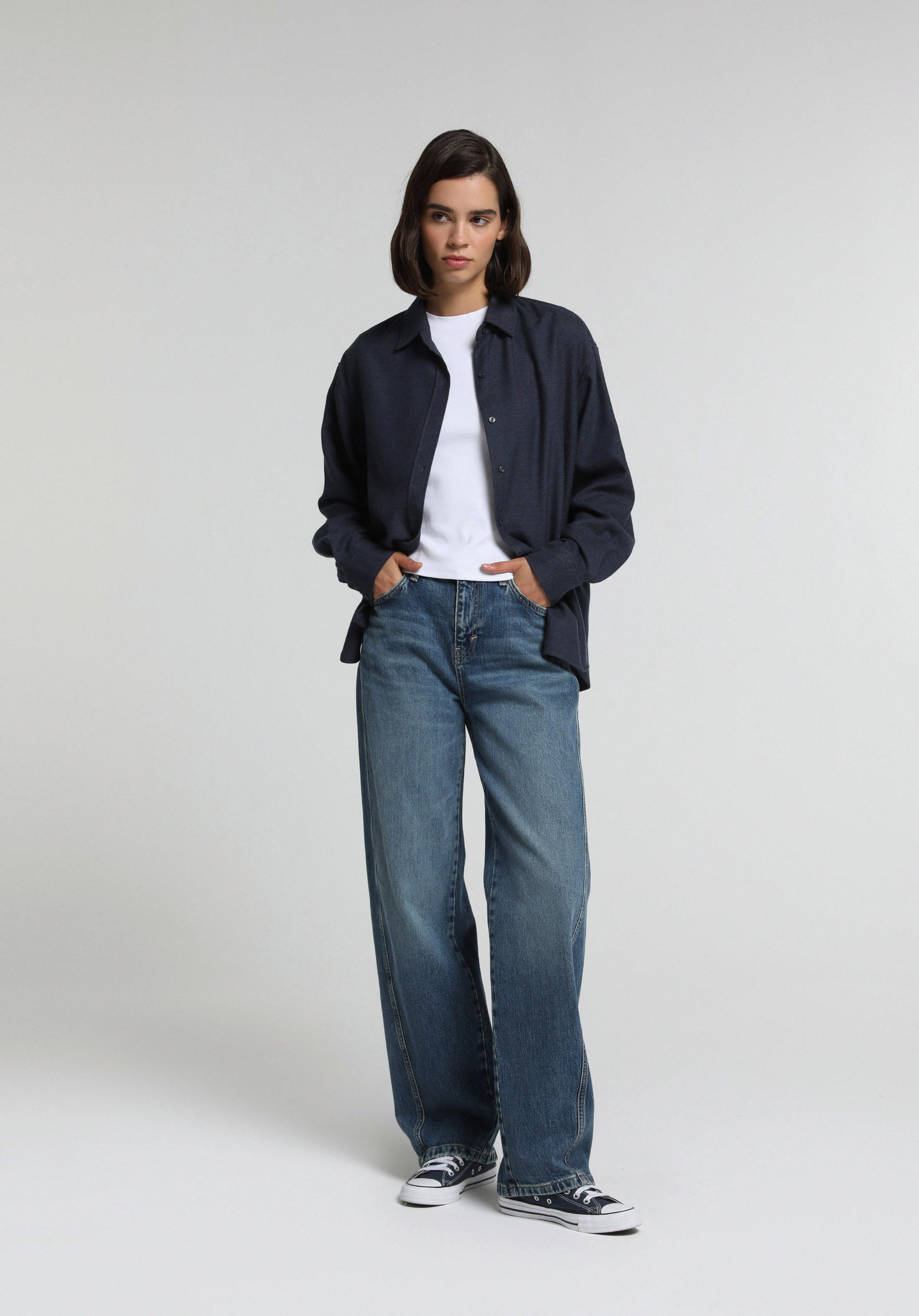 Boyfriend Fit Shirt Neck Düz Kadın Mavi Uzun Kol Gömlek