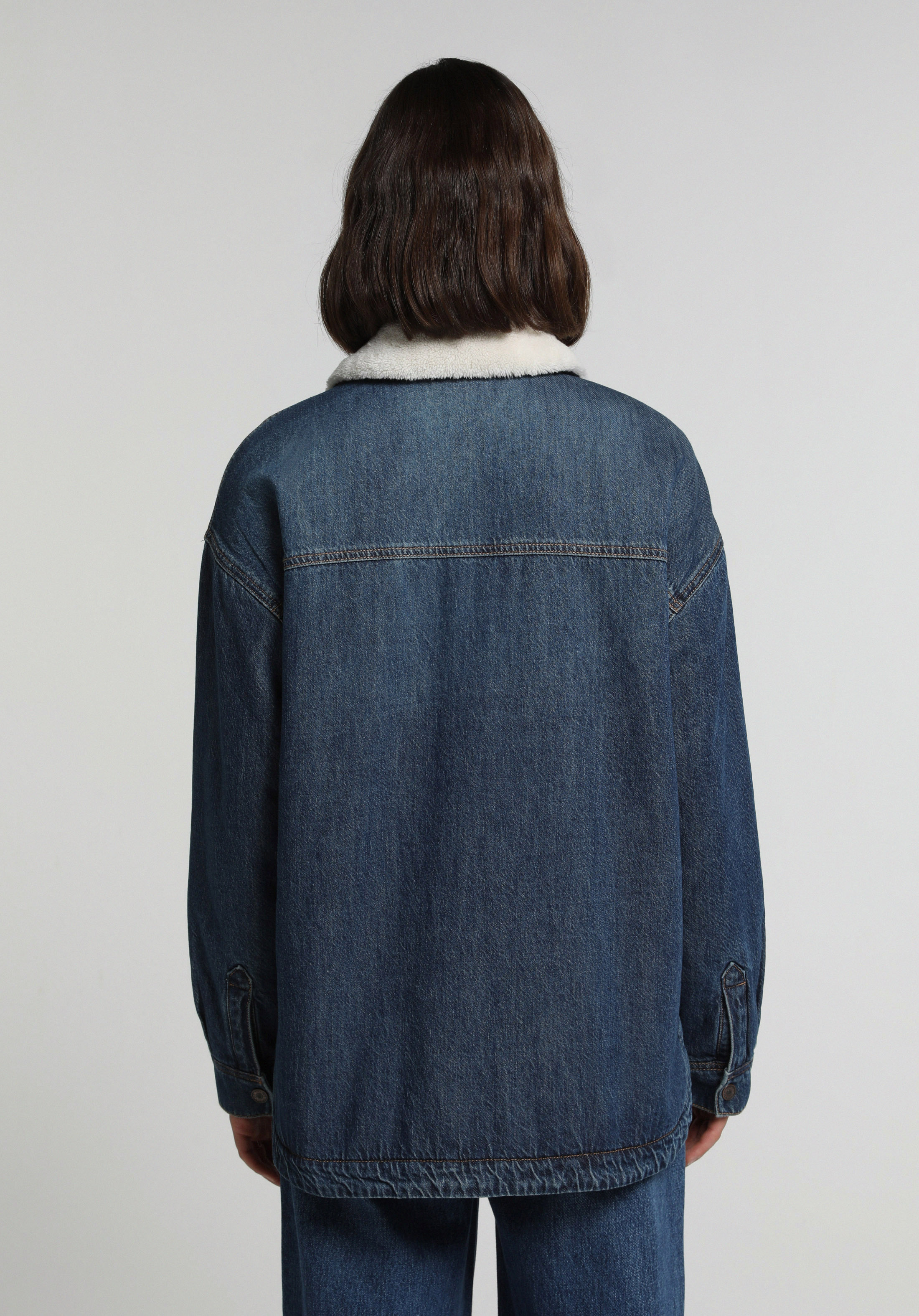 Oversize Fit Çıtçıtlı Astarsız Kürklü Kadın Dark İndigo Denim Ceket