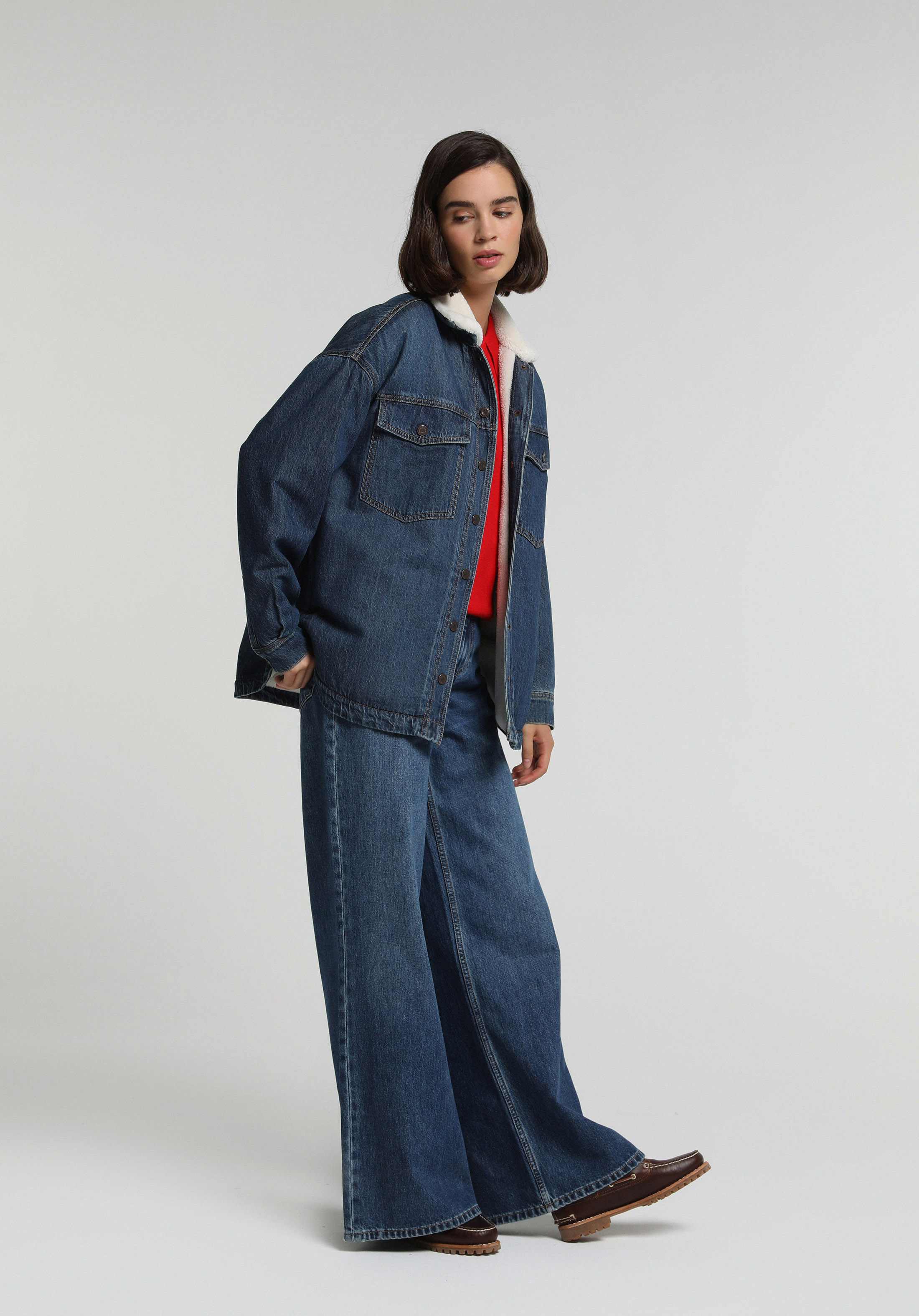 Oversize Fit Çıtçıtlı Astarsız Kürklü Kadın Dark İndigo Denim Ceket
