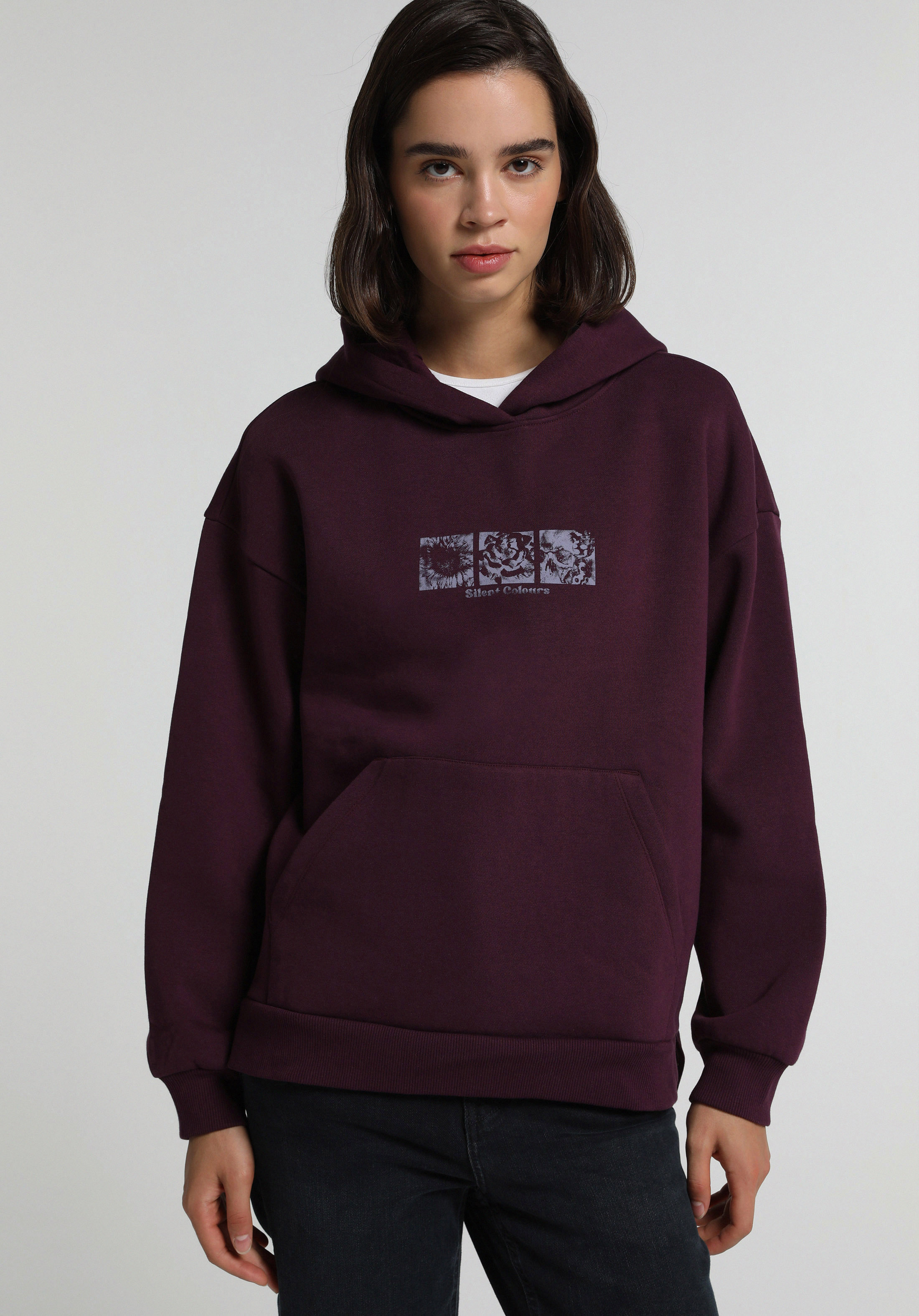 Relax Fit Kapüşonlu Baskılı Kadın Mor Sweatshirt