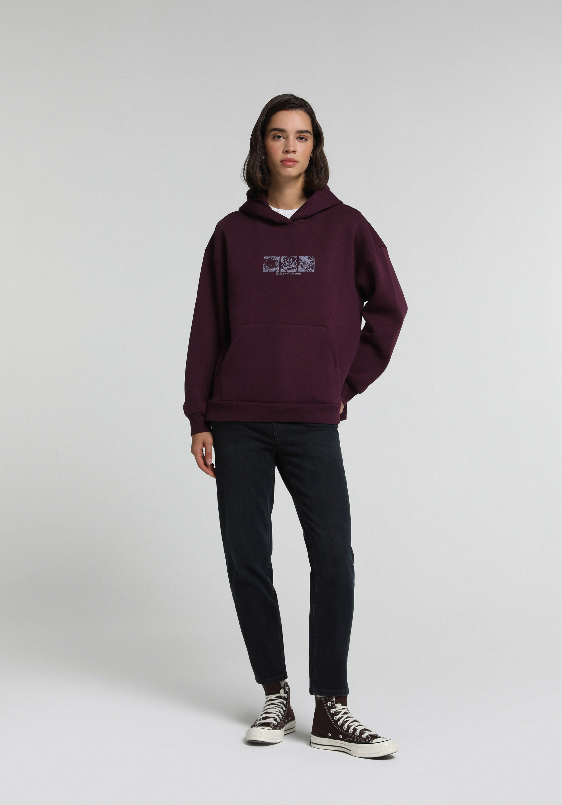 Relax Fit Kapüşonlu Baskılı Kadın Mor Sweatshirt