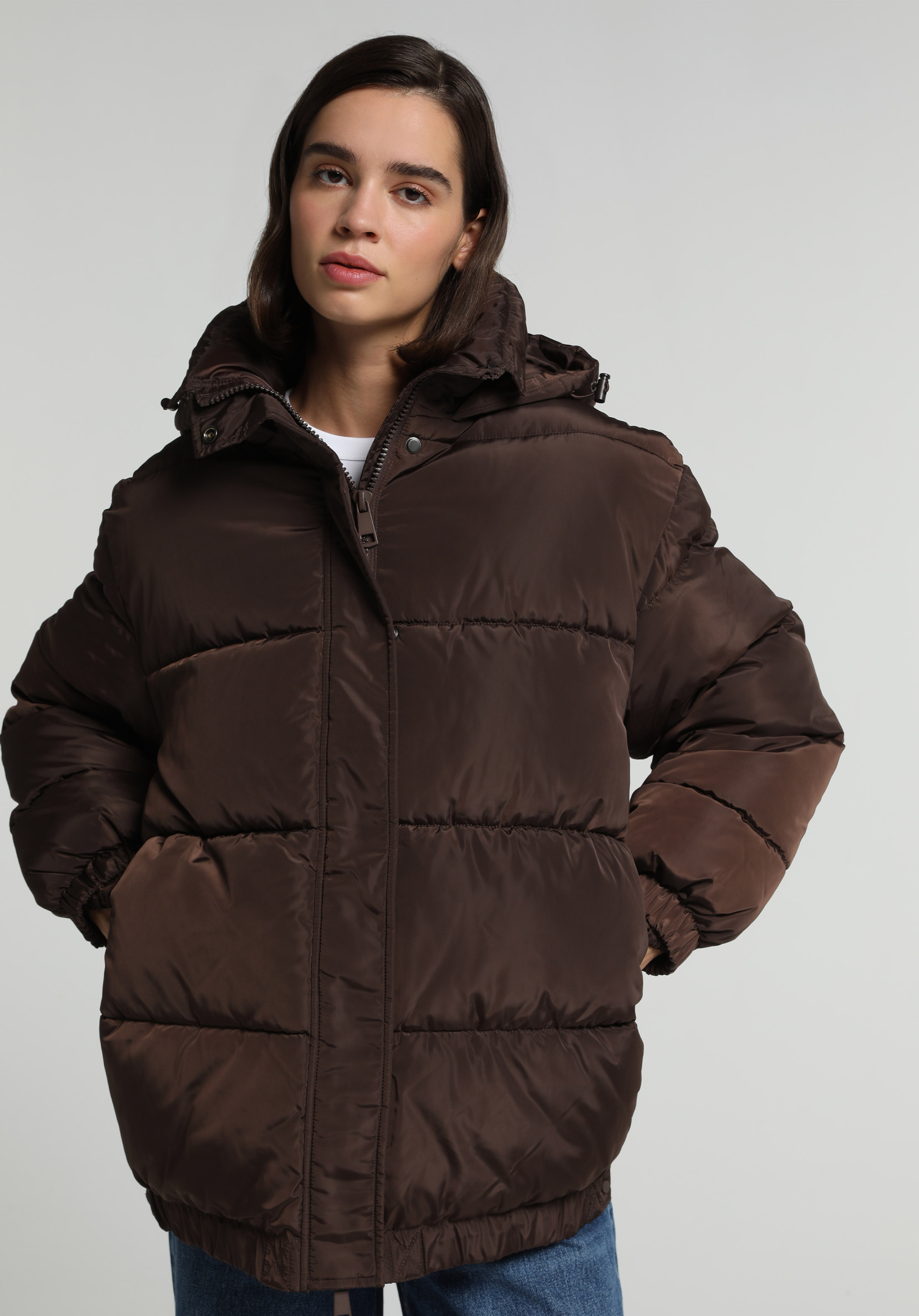 Regular Fit Kapüşonlu Fermuarlı Astarlı Suya Dayanıklı Kadın Kahverengi Mont