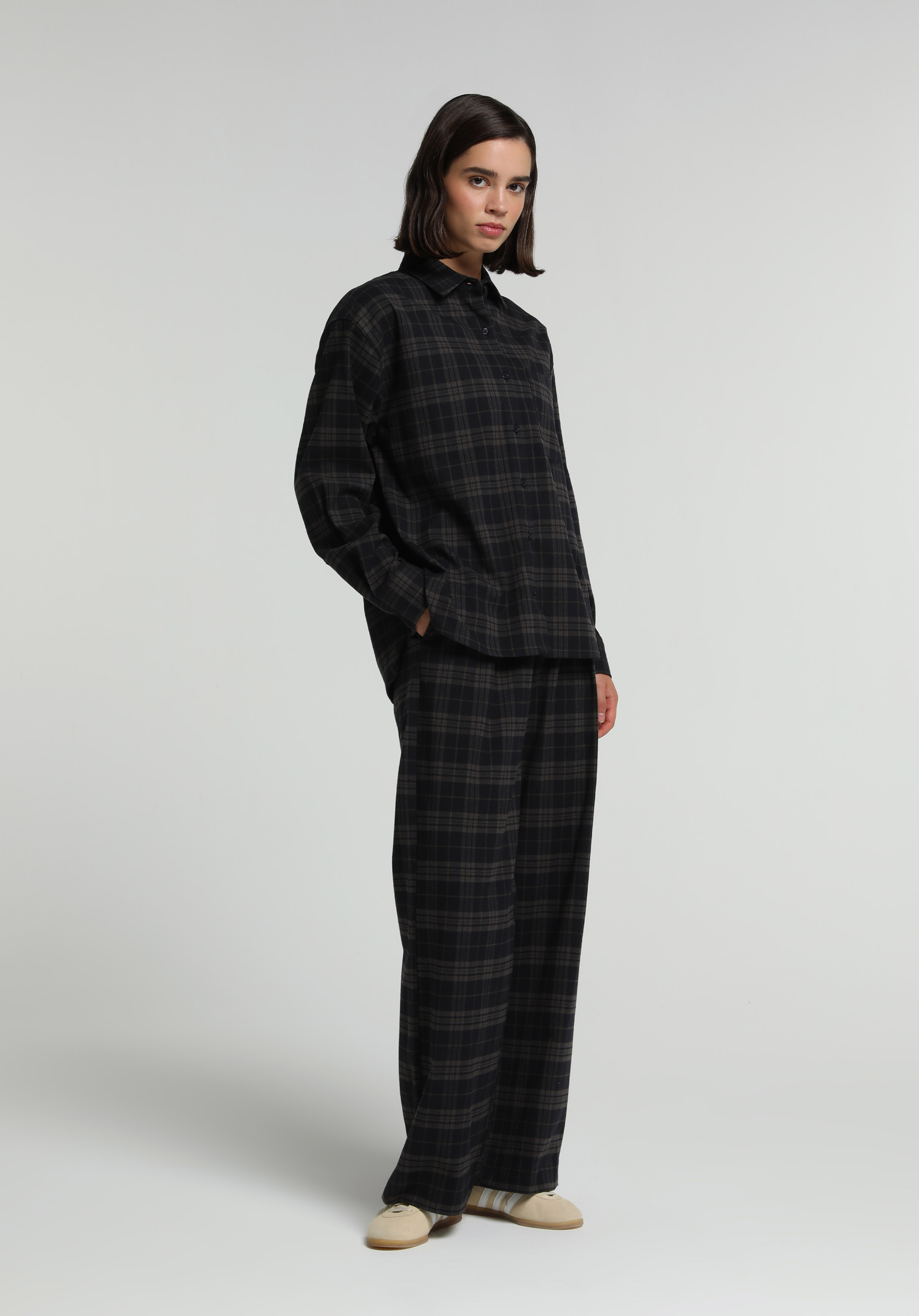 Boyfriend Fit Shirt Neck Ekoseli Kadın Antrasit Uzun Kol Gömlek
