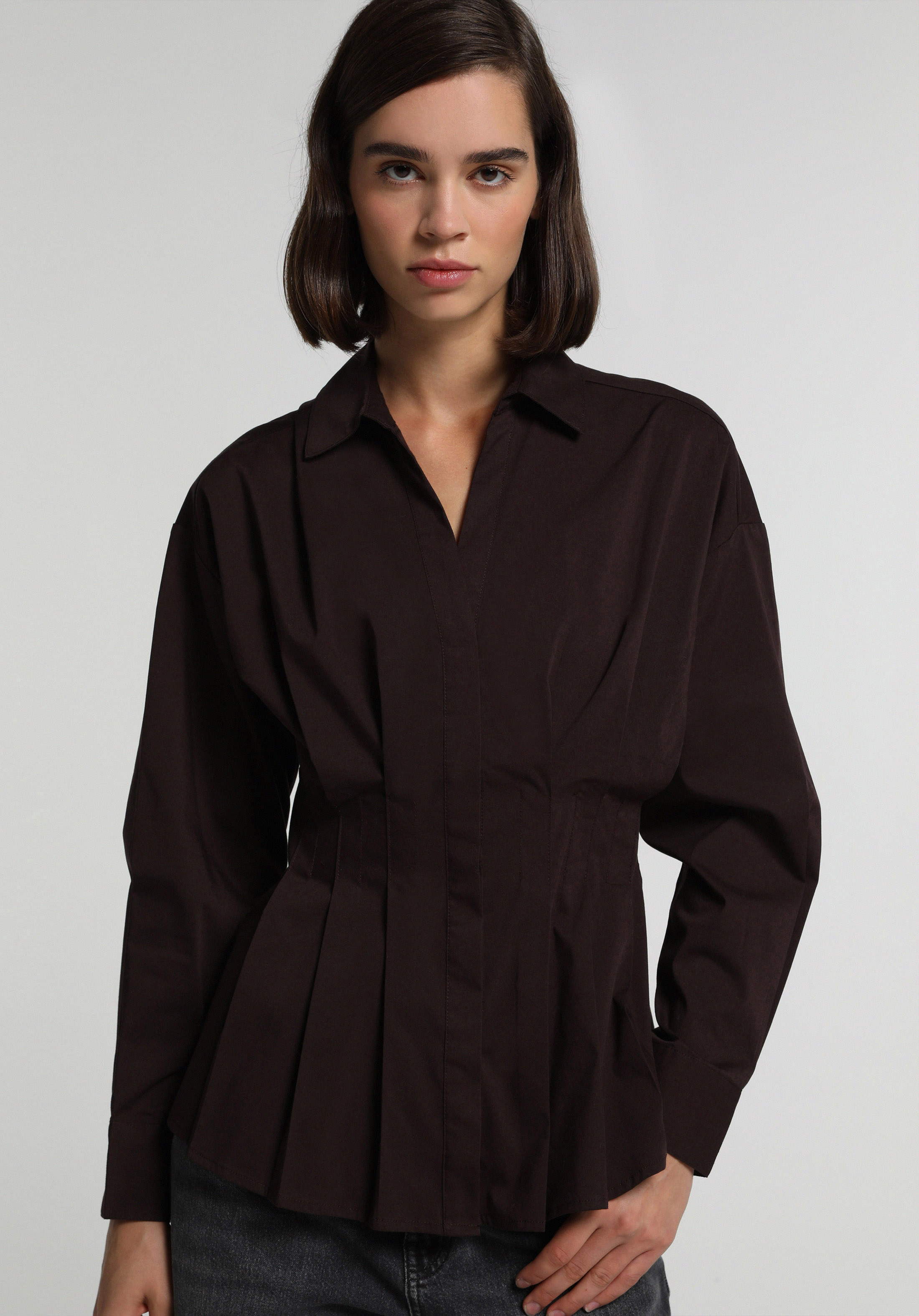 Fashion Fit Shirt Neck Düz Kadın Mor Uzun Kol Gömlek