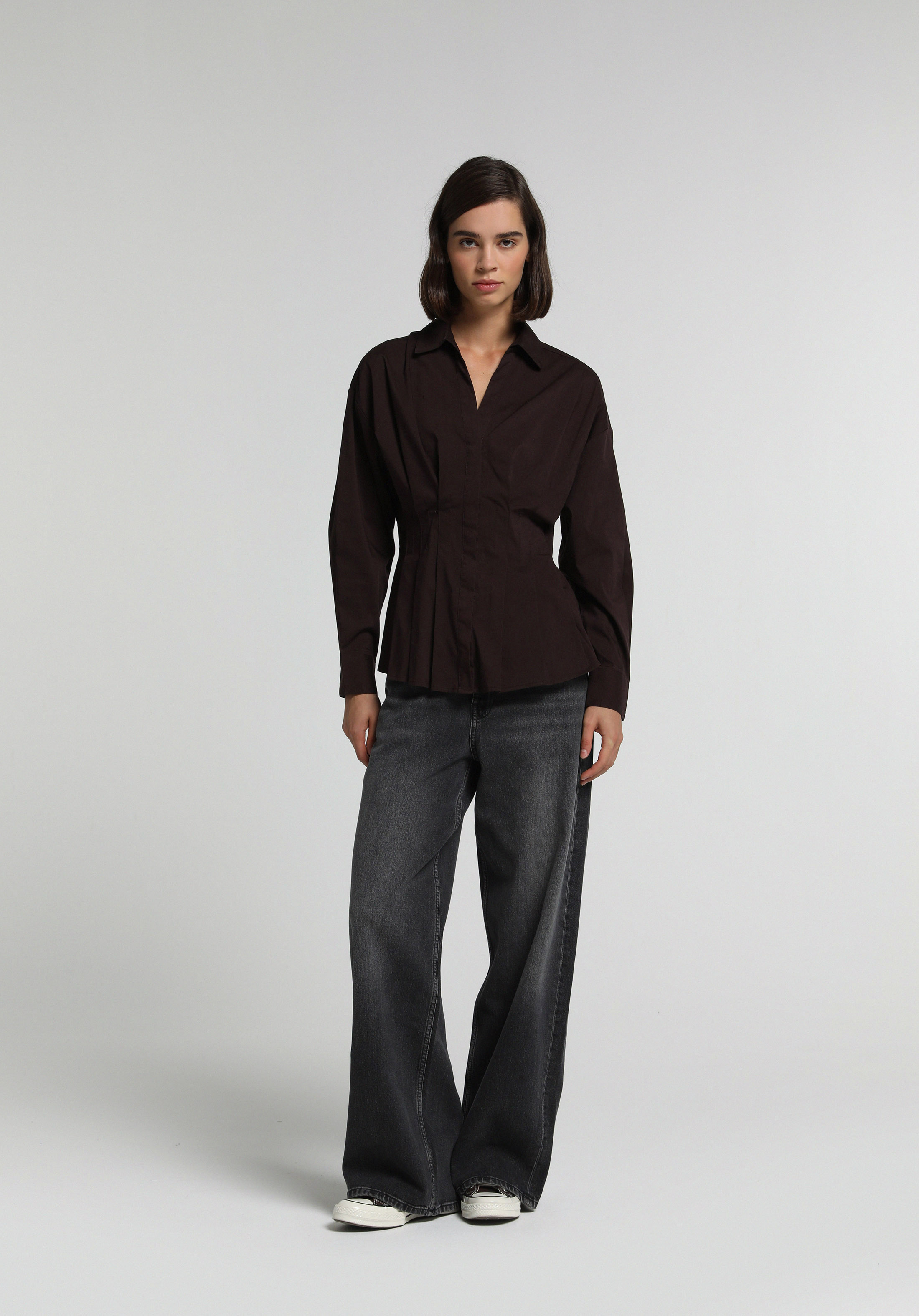 Fashion Fit Shirt Neck Düz Kadın Mor Uzun Kol Gömlek