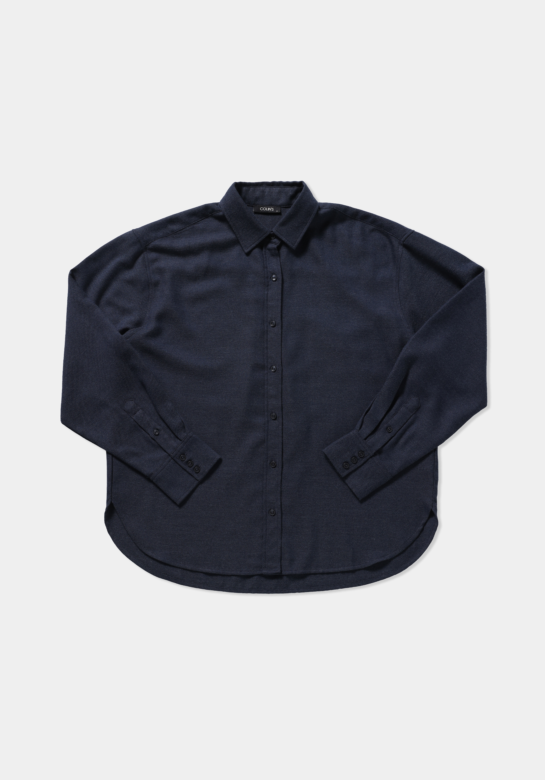 Boyfriend Fit Shirt Neck Düz Kadın Mavi Uzun Kol Gömlek