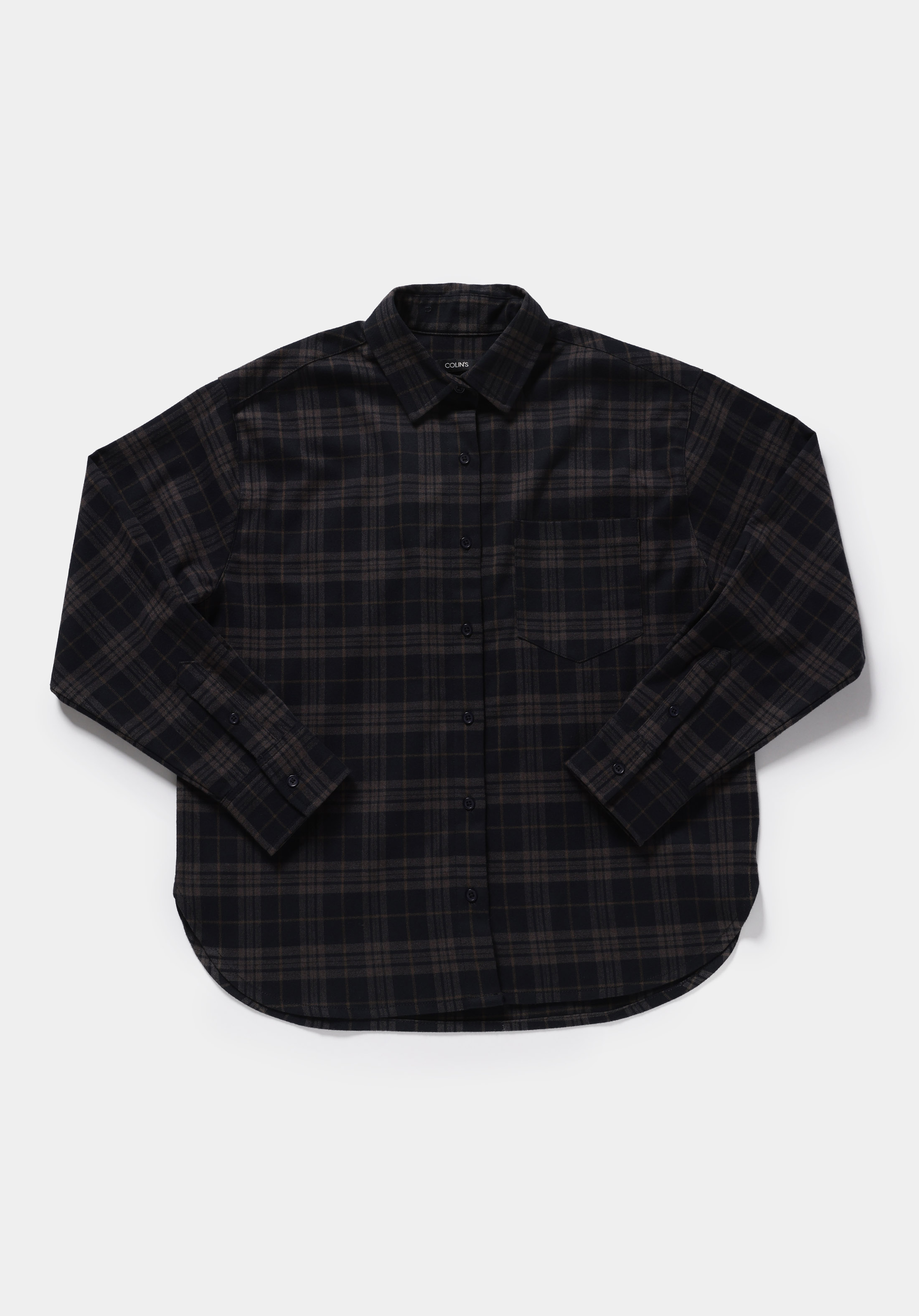 Boyfriend Fit Shirt Neck Ekoseli Kadın Antrasit Uzun Kol Gömlek
