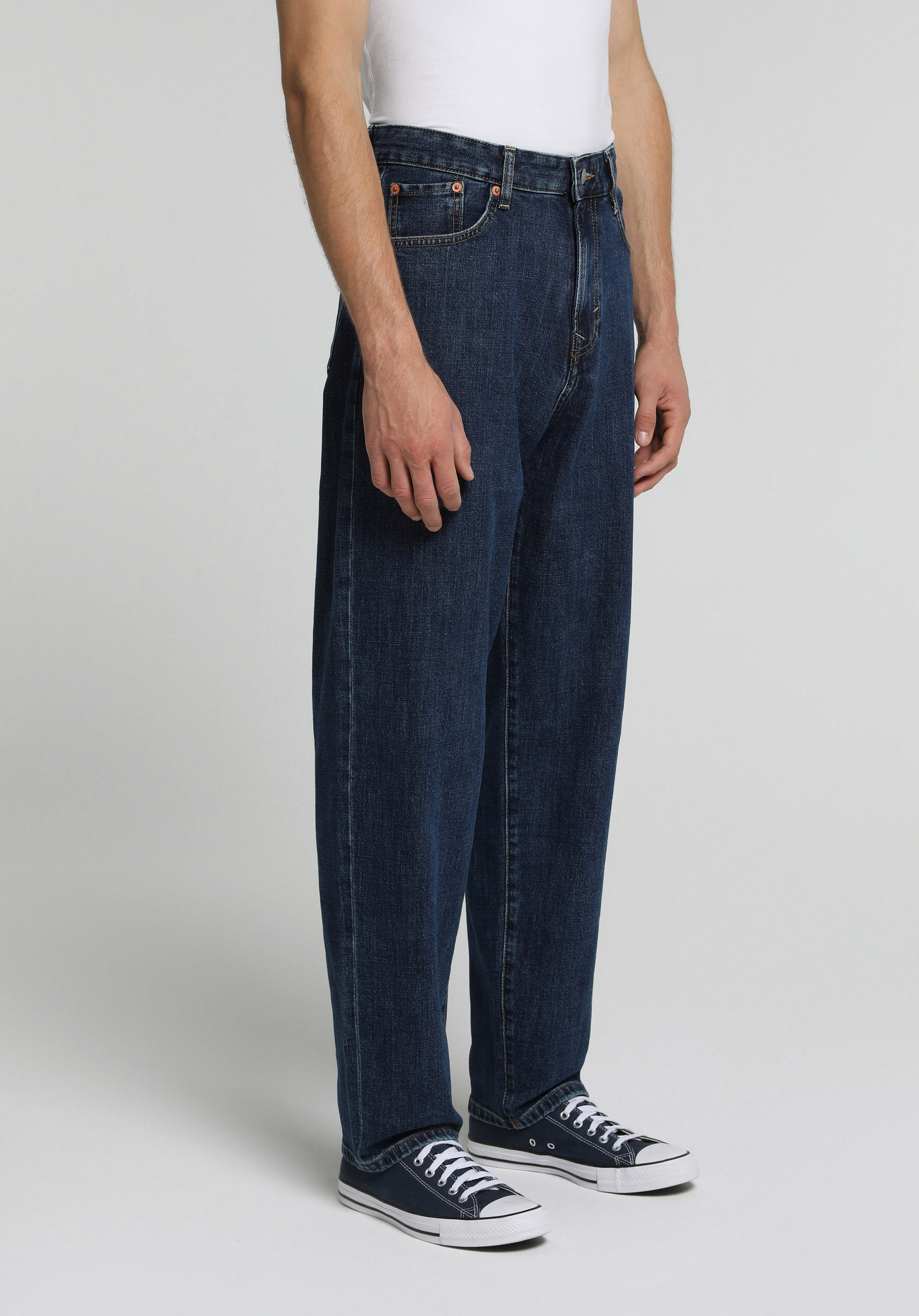 Barrel Fit Orta Bel Bol Paça Erkek Mid İndigo Denim Jean Pantolon
