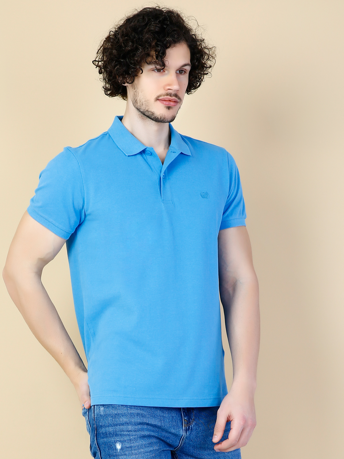 Classic Fit Polo Yaka Düz Erkek Mavi Kısa Kol Tişört