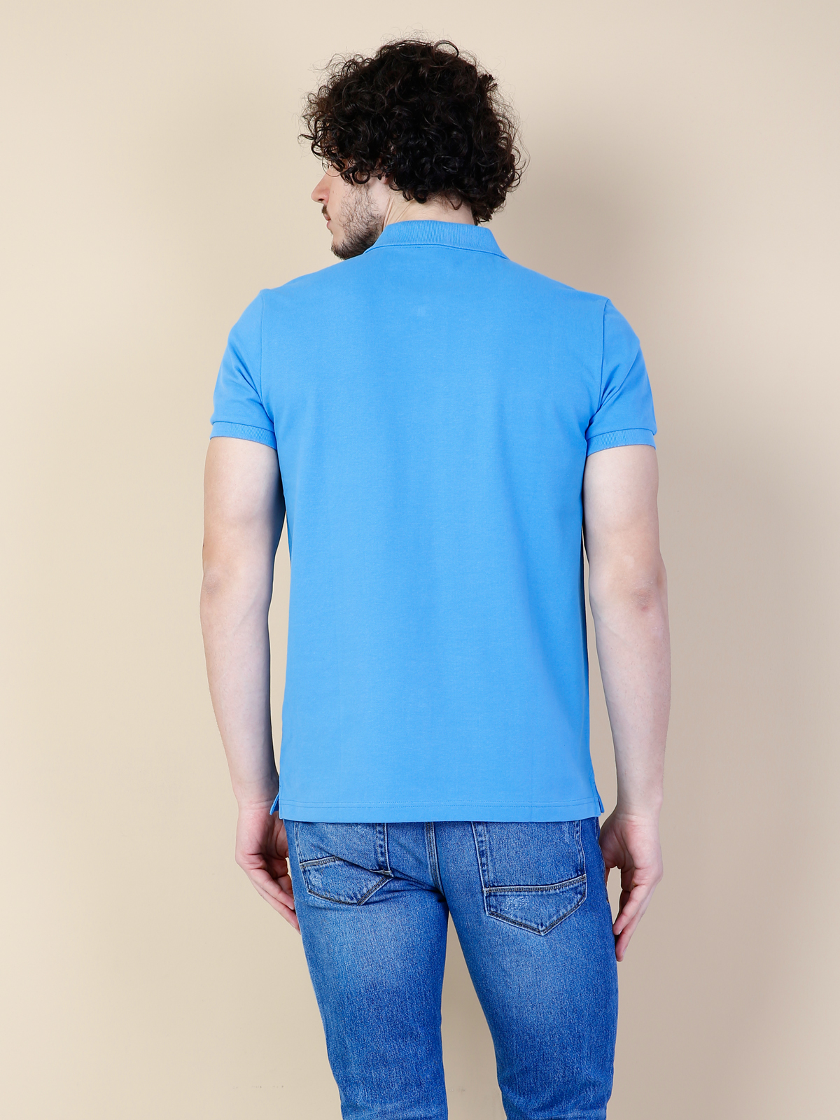 Classic Fit Polo Yaka Düz Erkek Mavi Kısa Kol Tişört