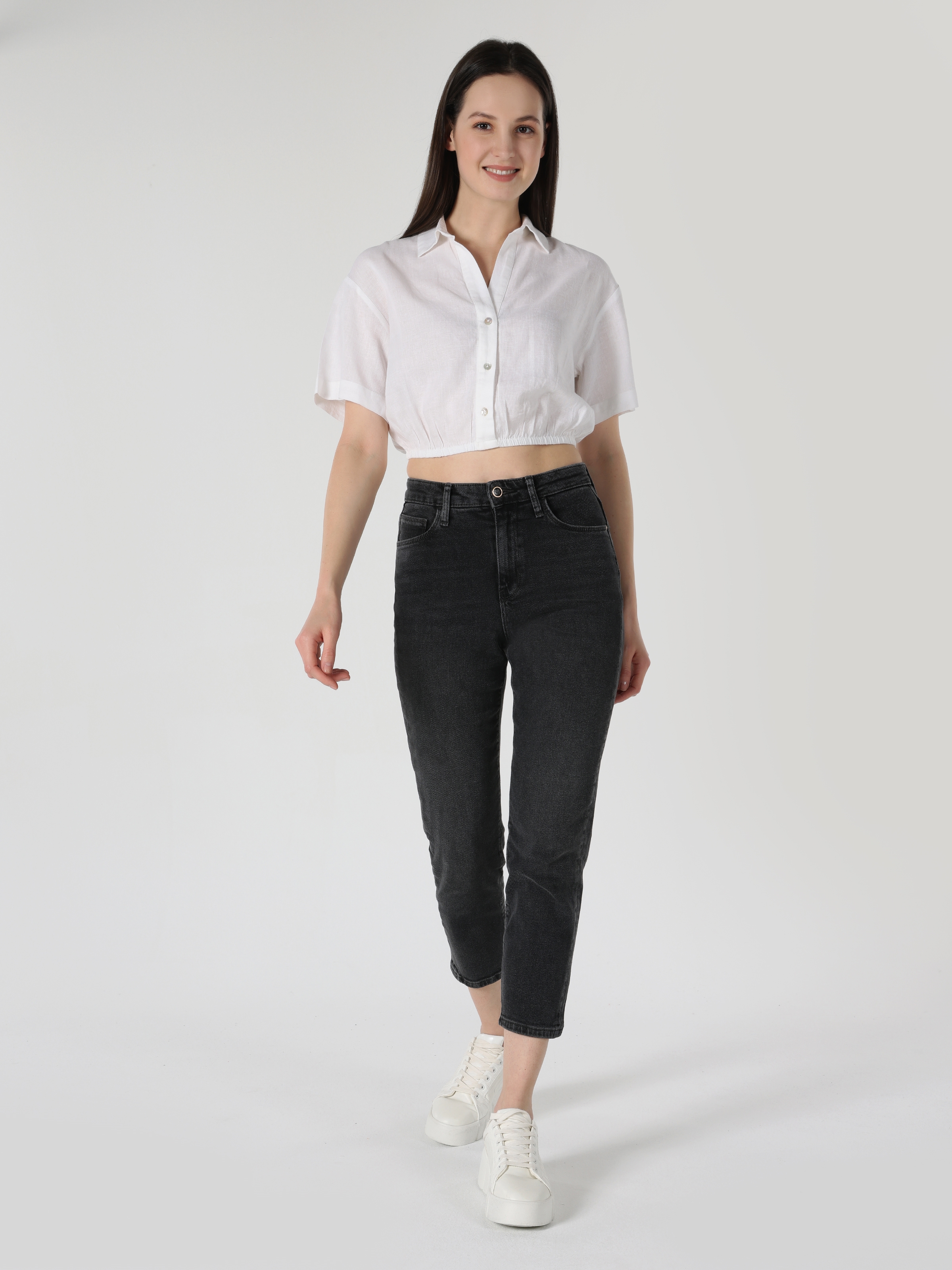 Regular Fit Shirt Neck Beyaz Kadın Kısa Kol Gömlek Cl1063853