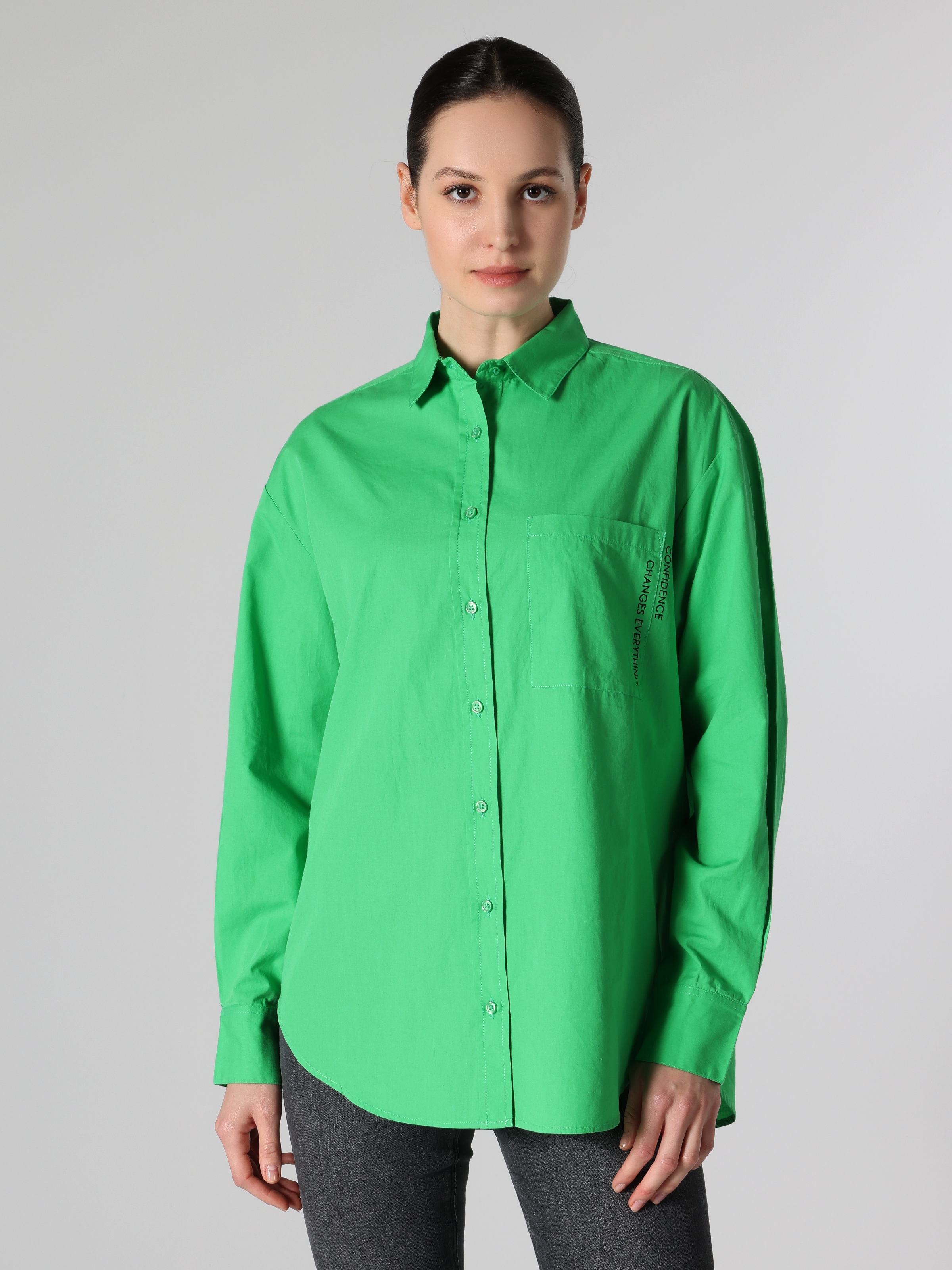 Regular Fit Yeşil Kadın Uzun Kol Gömlek Cl1062116