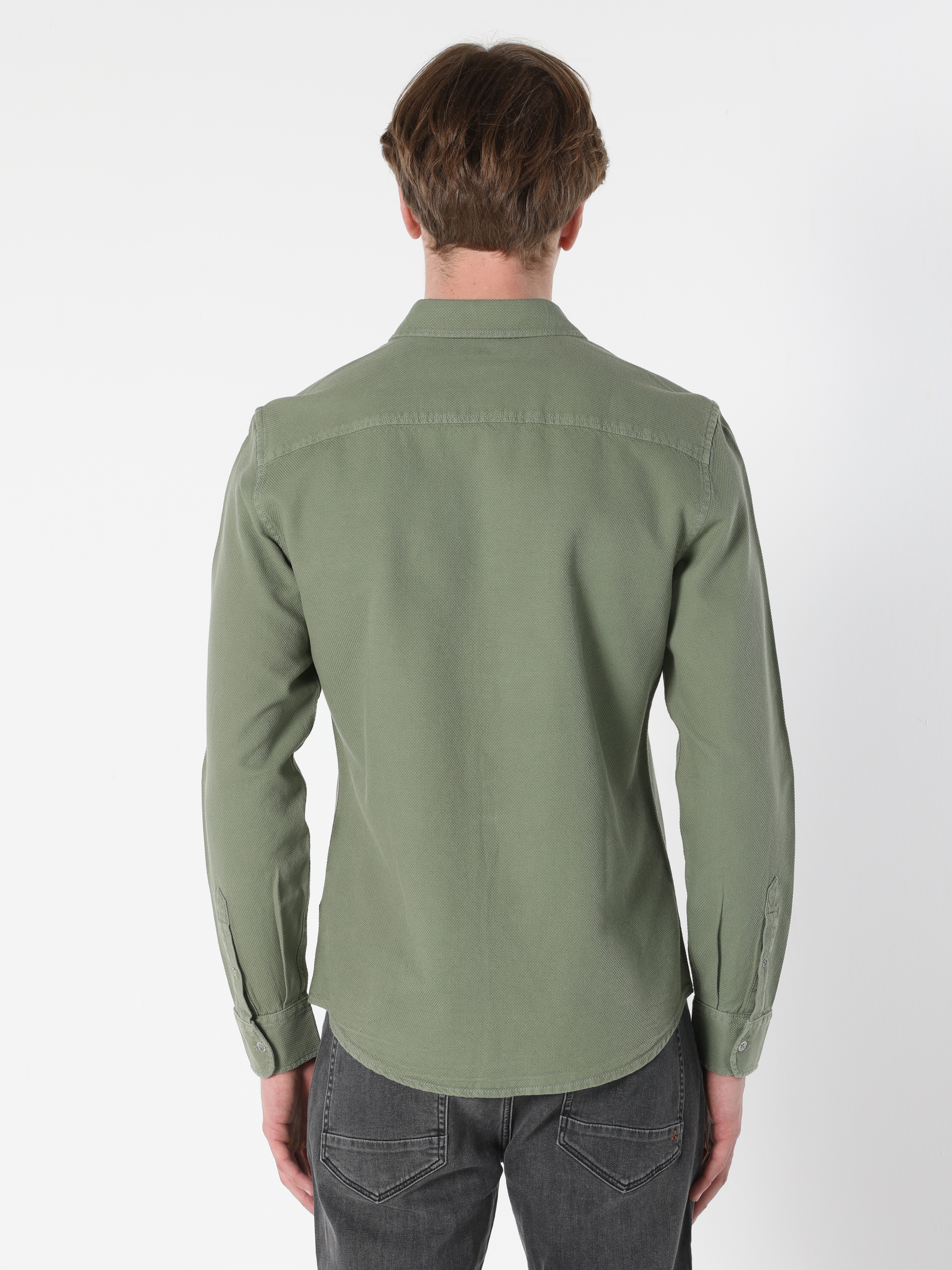 Slim Fit Cep Detaylı Yeşil Erkek Uzun Kol Gömlek Cl1062887