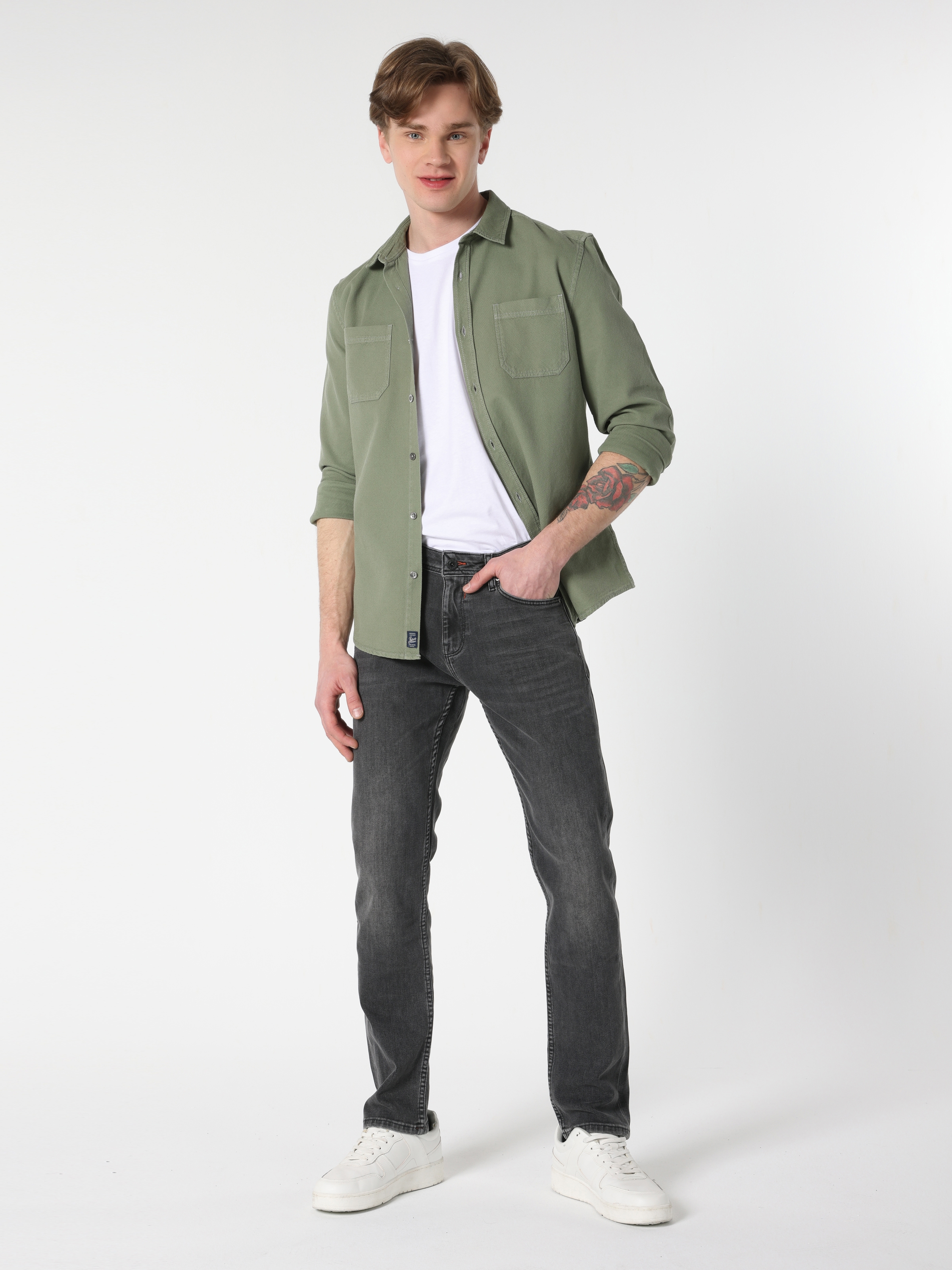 Slim Fit Cep Detaylı Yeşil Erkek Uzun Kol Gömlek Cl1062887