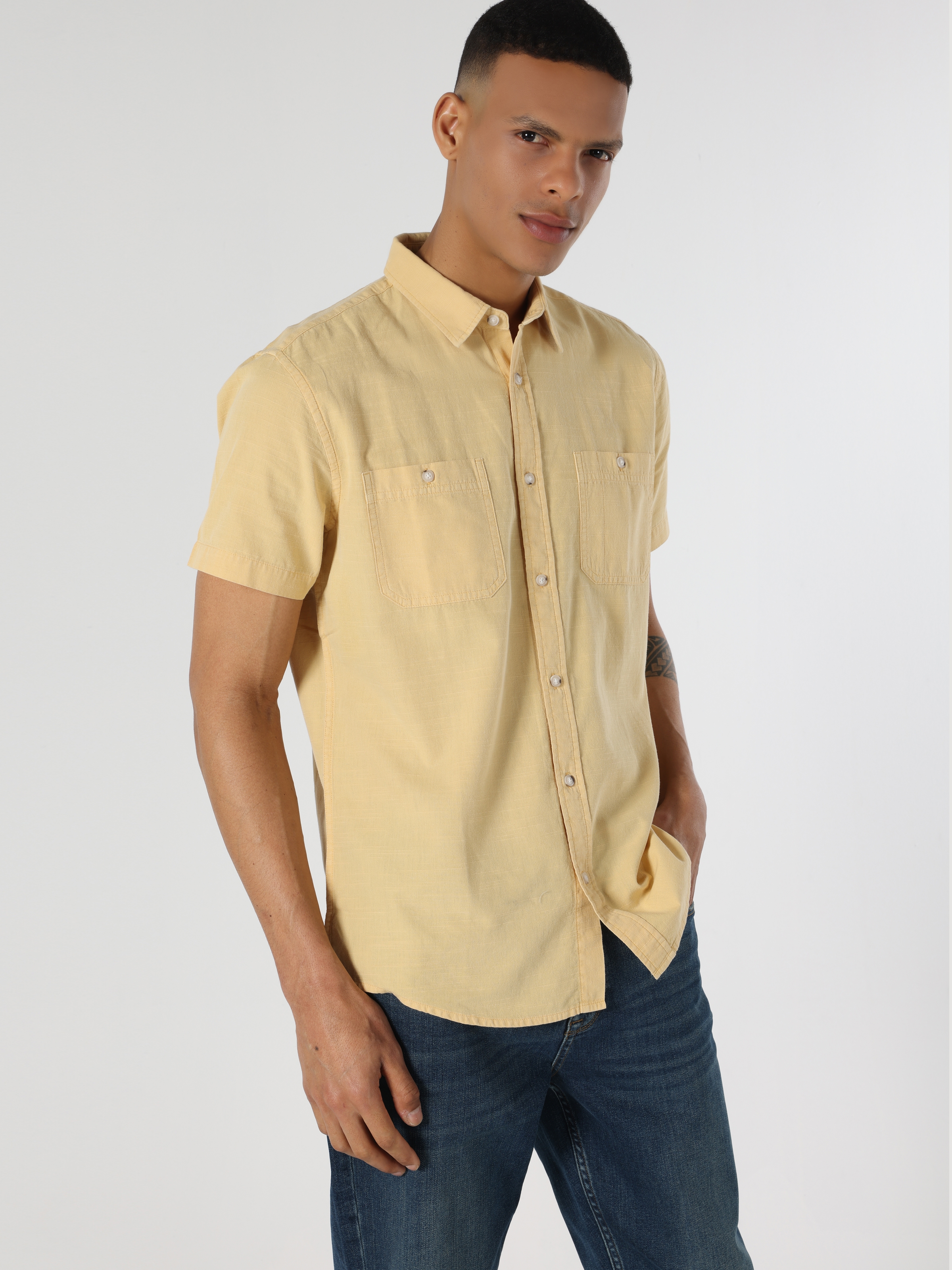 Regular Fit Basic Sarı Erkek Kısa Kol Gömlek Cl1063641