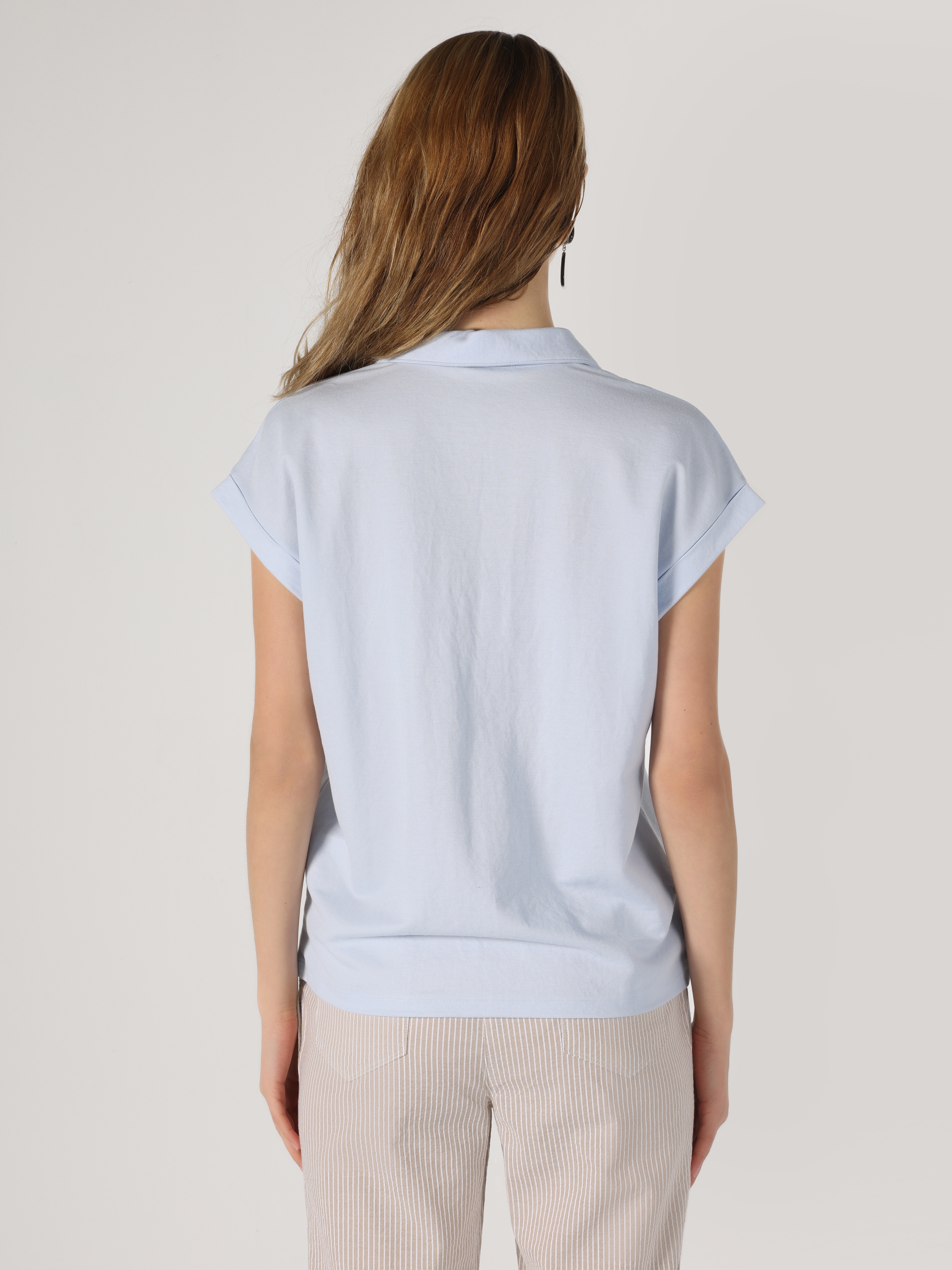 Regular Fit Shirt Neck Mavi Kadın Kısa Kol Tişört