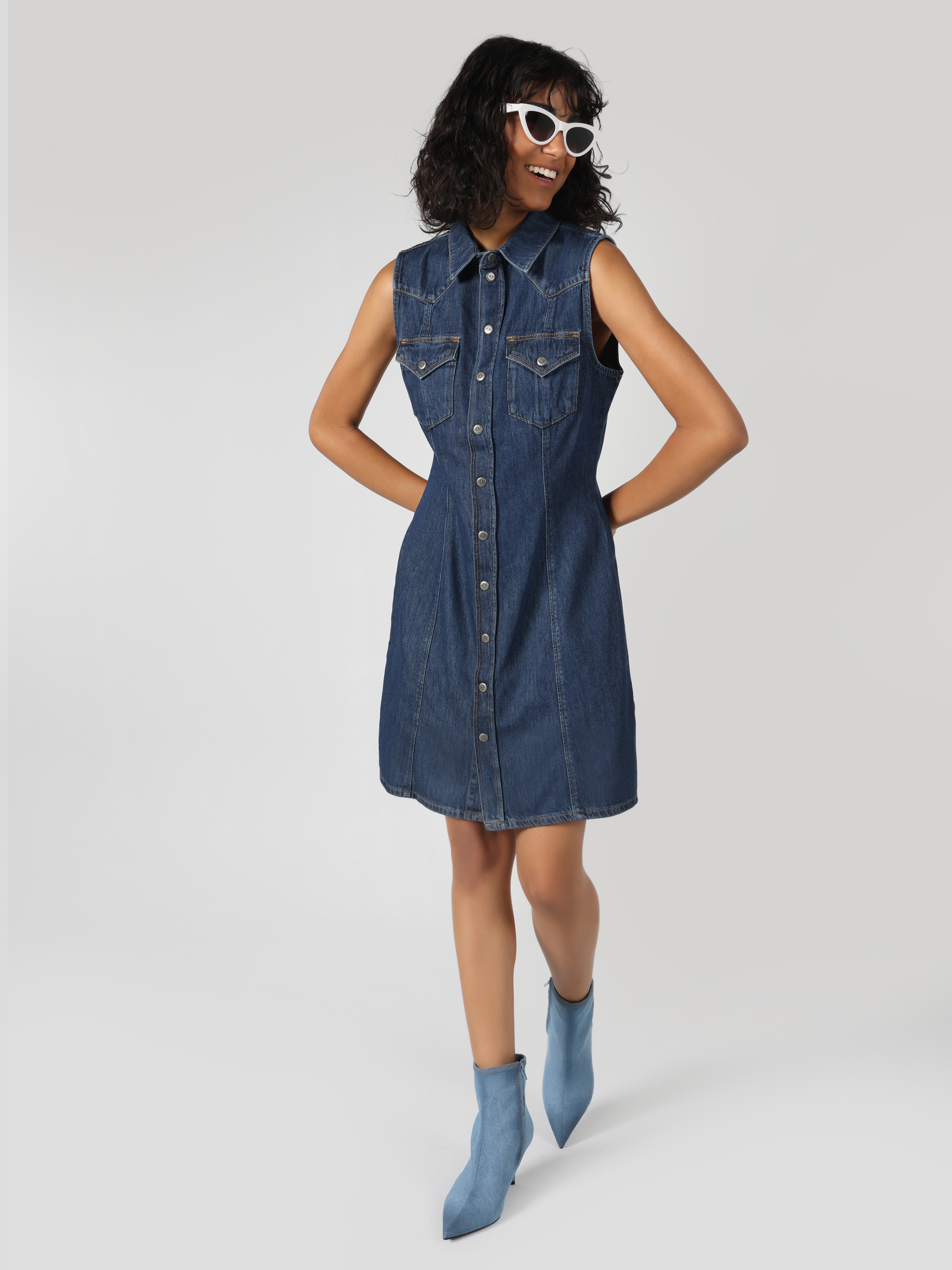 Slim Fit Düğmeli Denim Mavi Kadın Elbise Cl1063506
