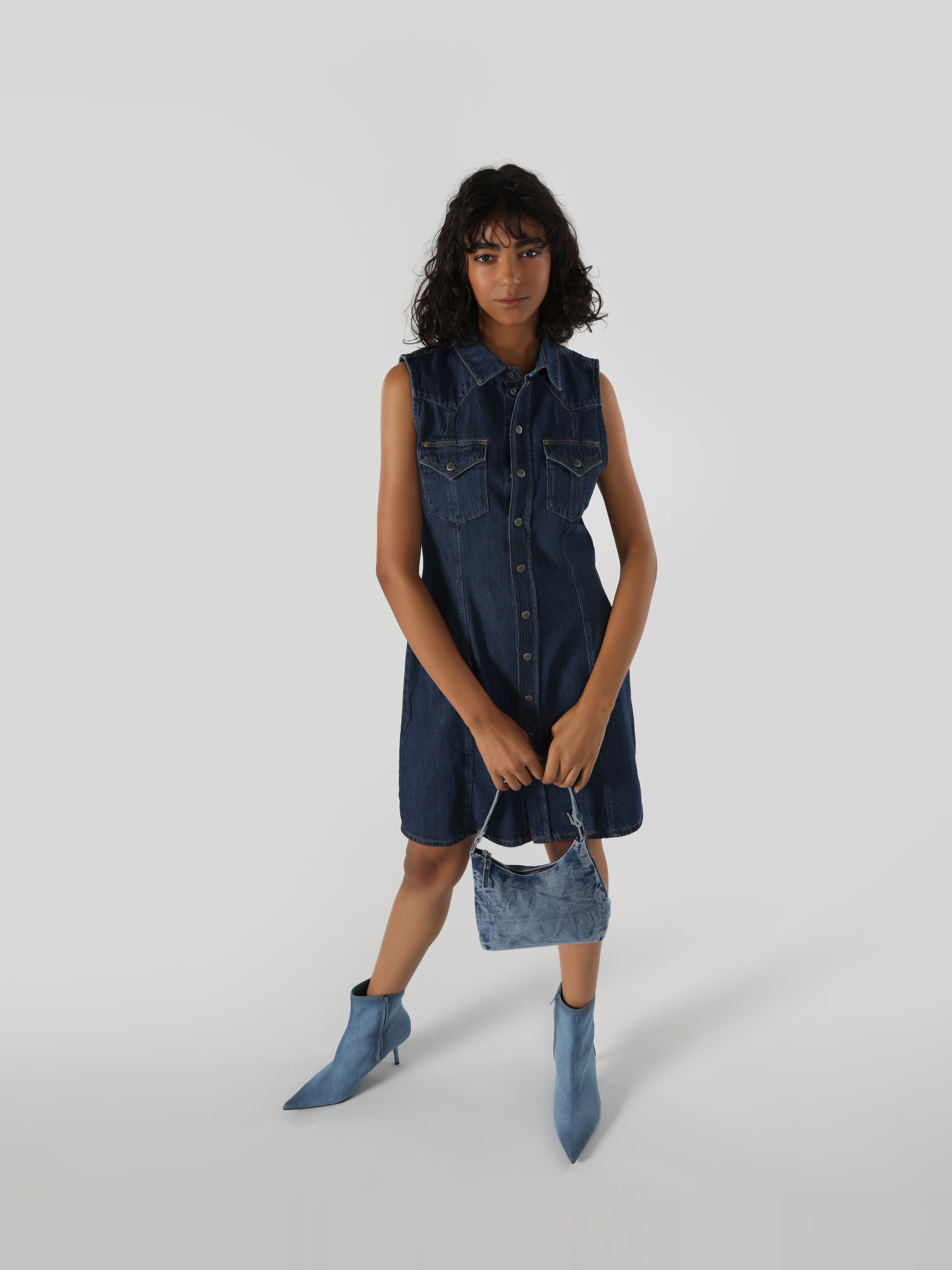 Slim Fit Düğmeli Denim Mavi Kadın Elbise Cl1063506