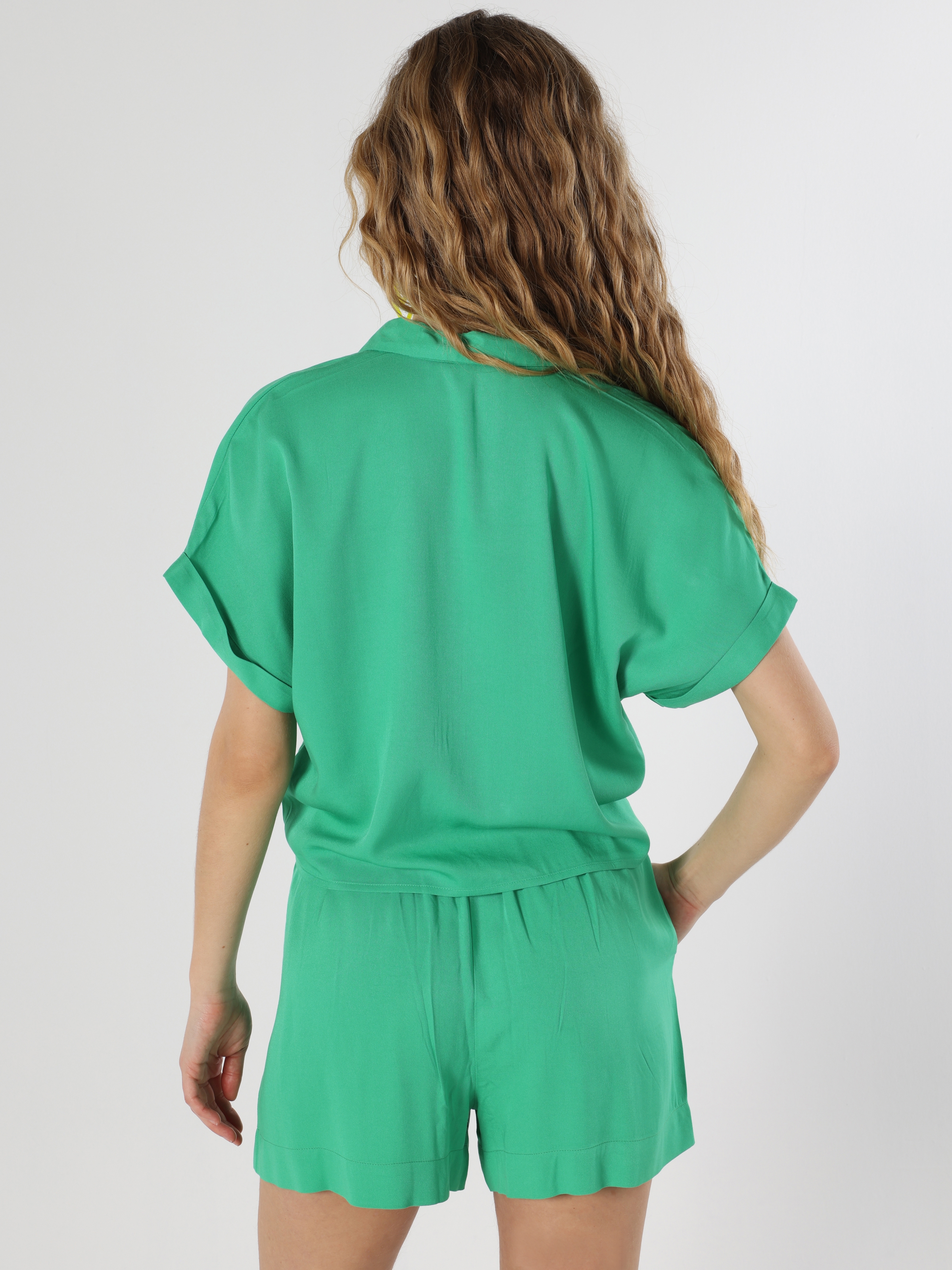 Regular Fit Shirt Neck Yeşil Kadın Kısa Kol Gömlek Cl1062925
