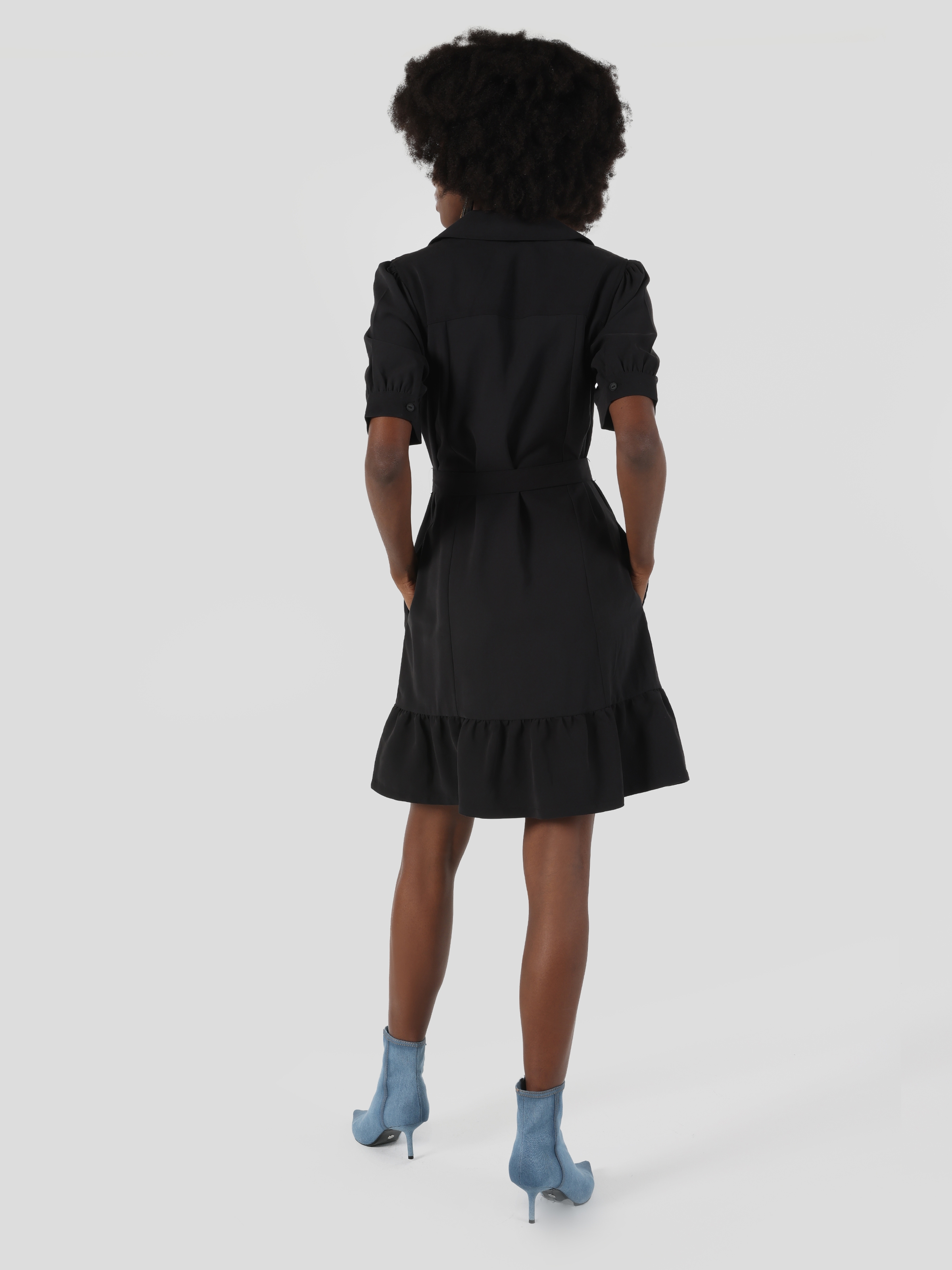 Regular Fit Pileli Belden Kemerli Siyah Kadın Elbise Cl1057649