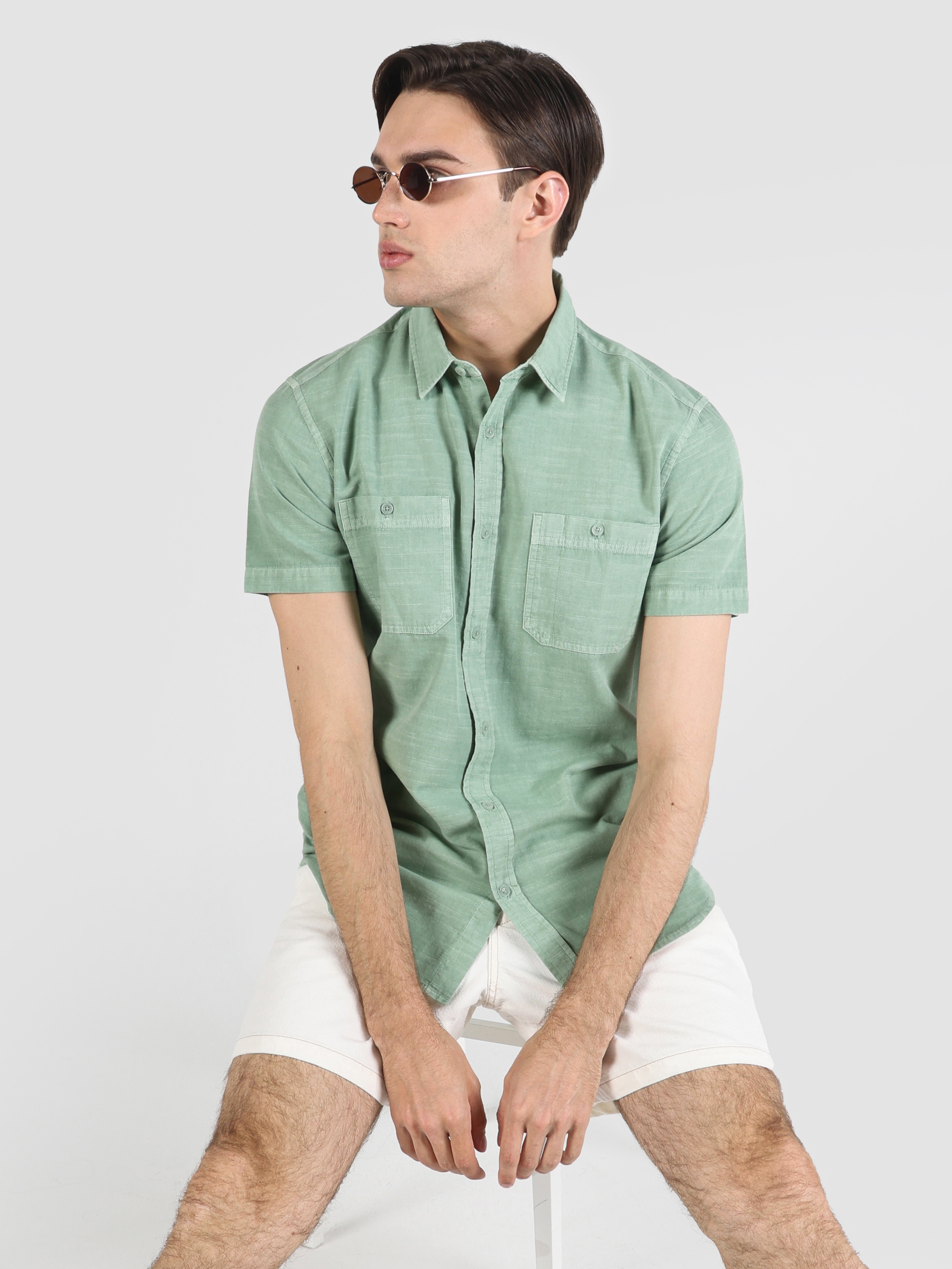 Regular Fit Basic Yeşil Erkek Kısa Kol Gömlek Cl1063641