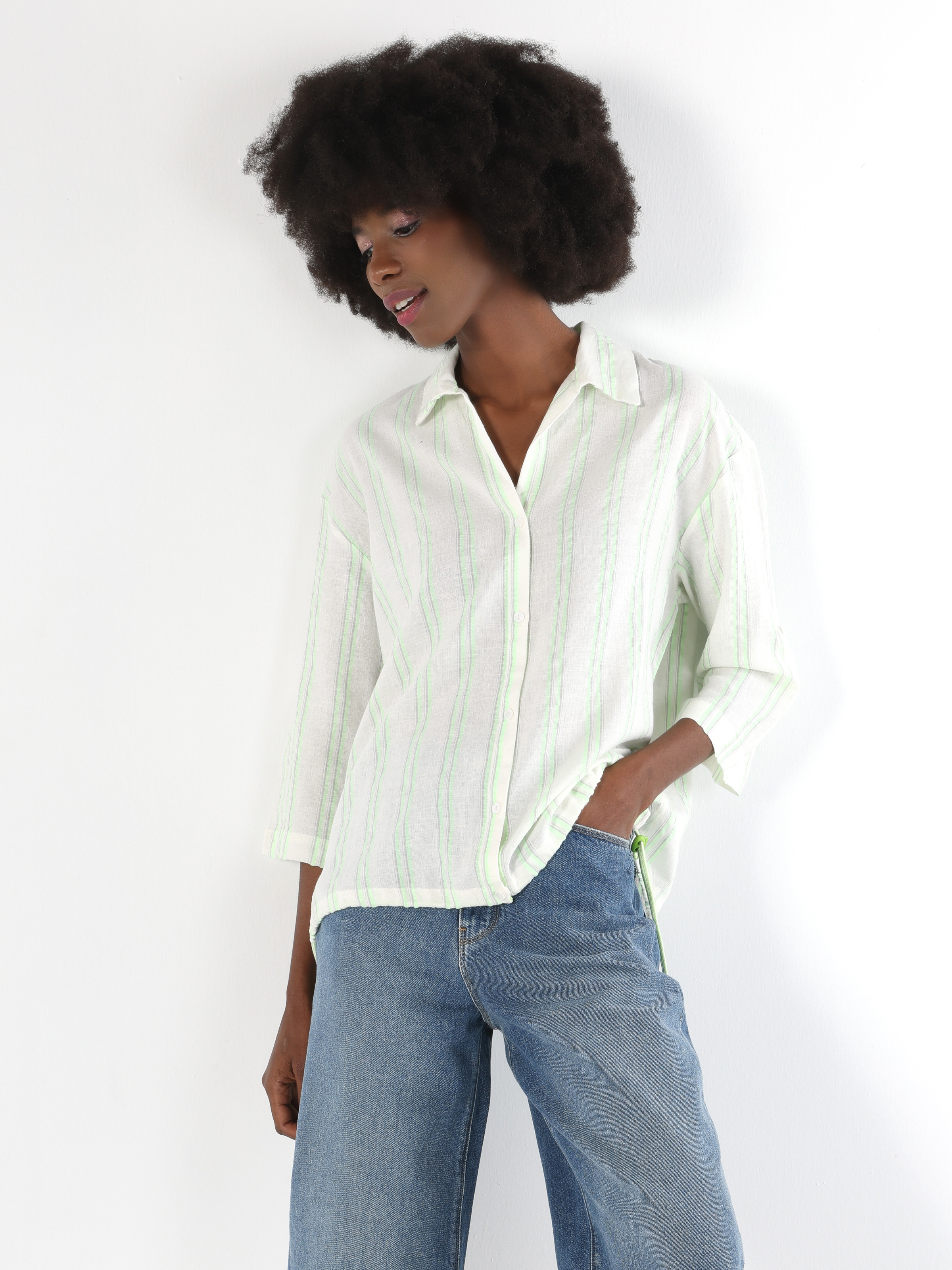 Regular Fit Çizgili Yeşil Kadın Uzun Kol Gömlek Cl1063886