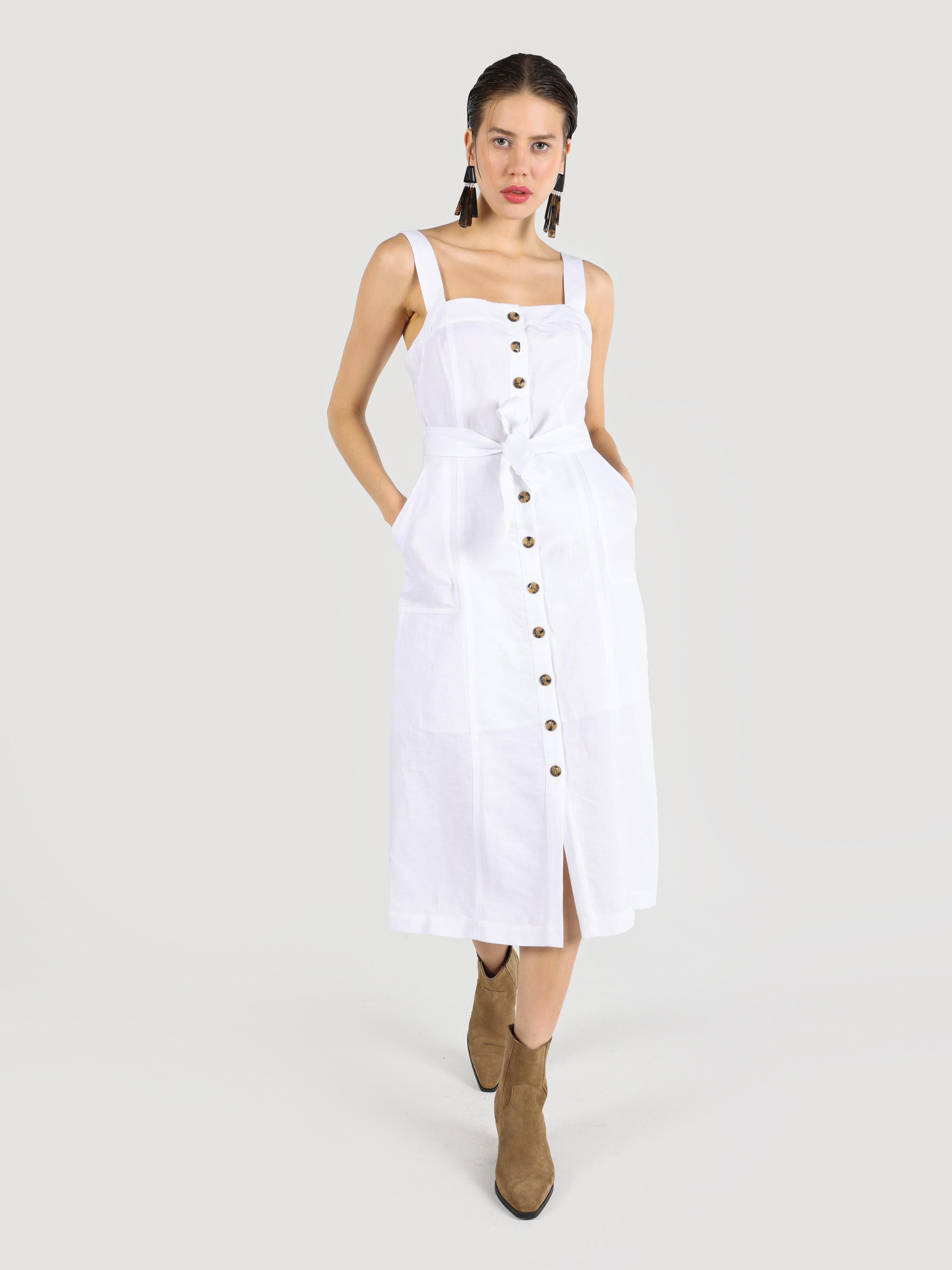 Regular Fit Düğmeli Belden Kemerli Midi Beyaz Kadın Elbise Cl1063961