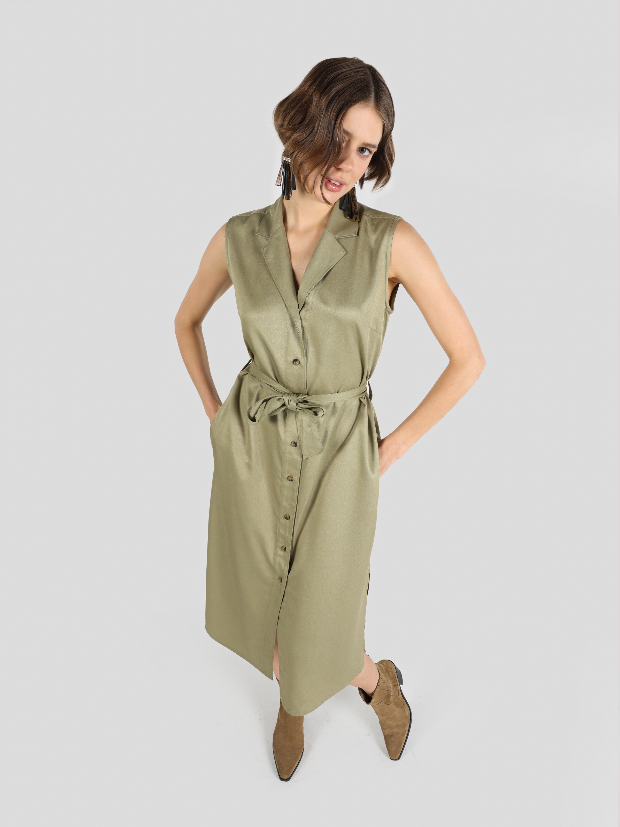Belden Kemerli Yeşil Kadın Elbise Cl1063962