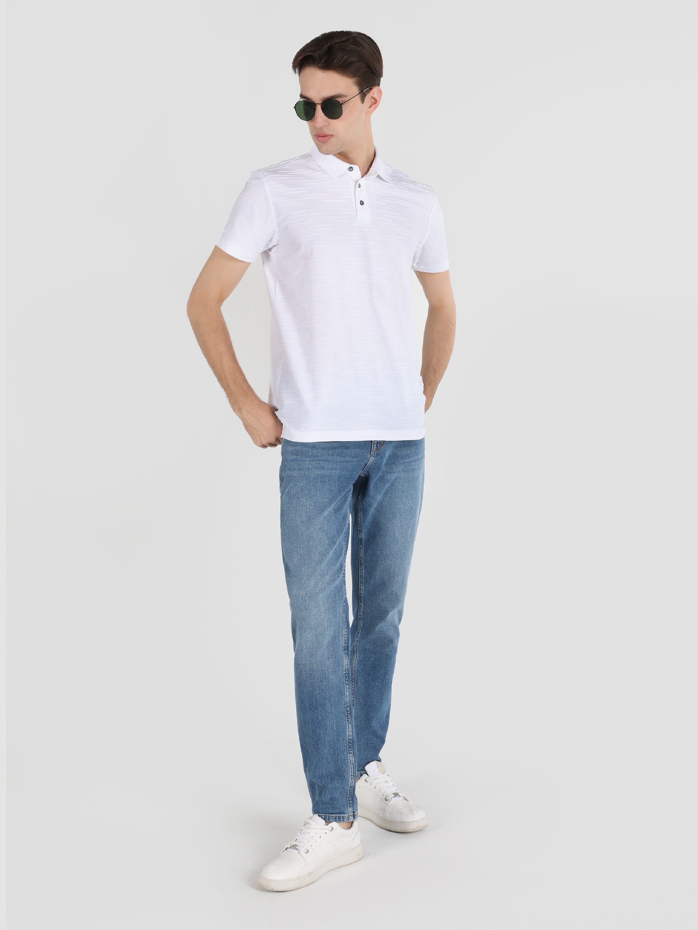 Regular Fit Beyaz Erkek Polo Yaka Kısa Kol Tişört Cl1043613
