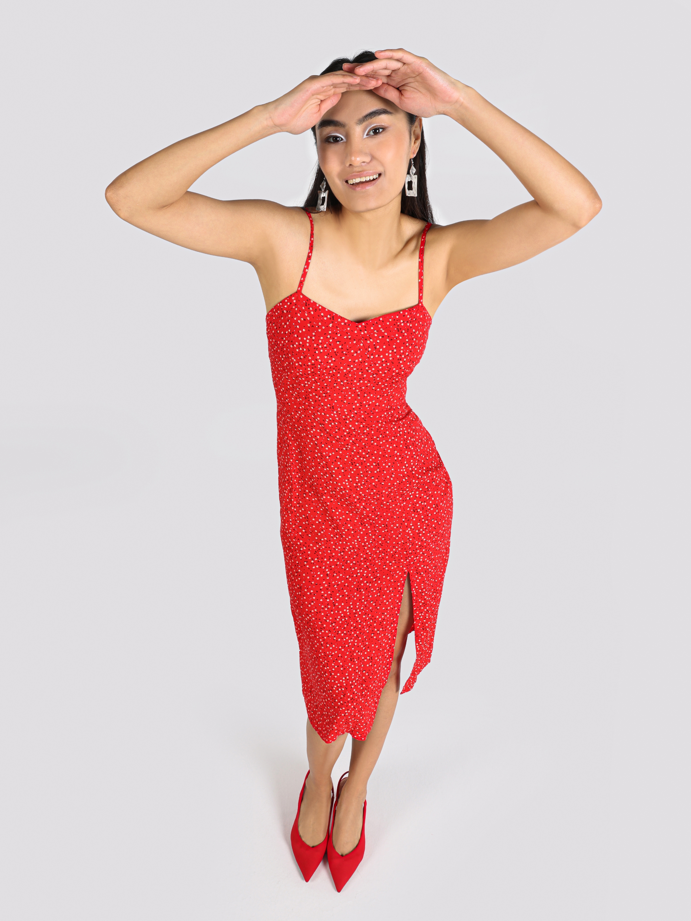 Dar Kesim Baskılı Yırtmaç Detaylı Kırmızı Kadın Elbise Cl1064094