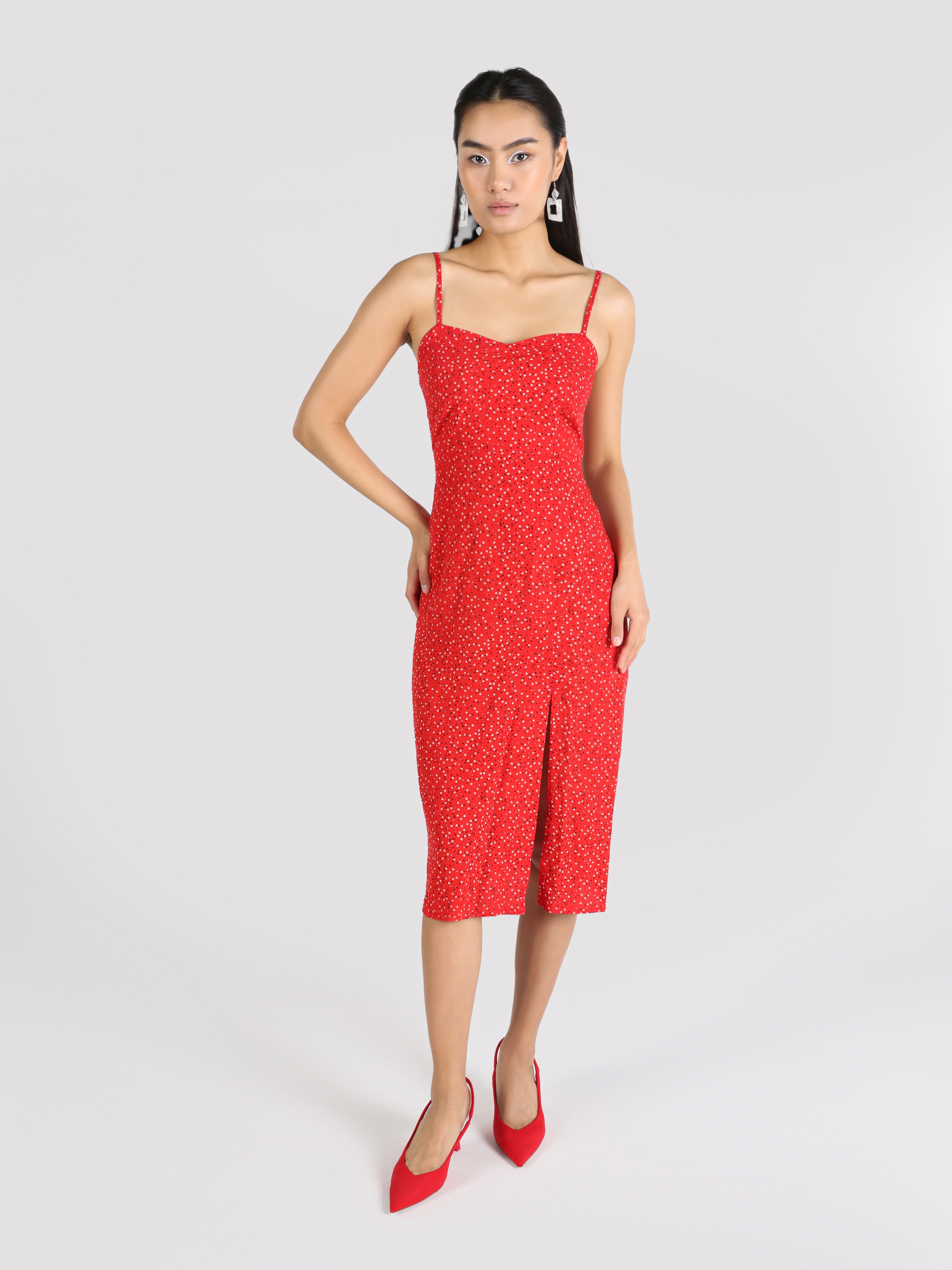 Dar Kesim Baskılı Yırtmaç Detaylı Kırmızı Kadın Elbise Cl1064094