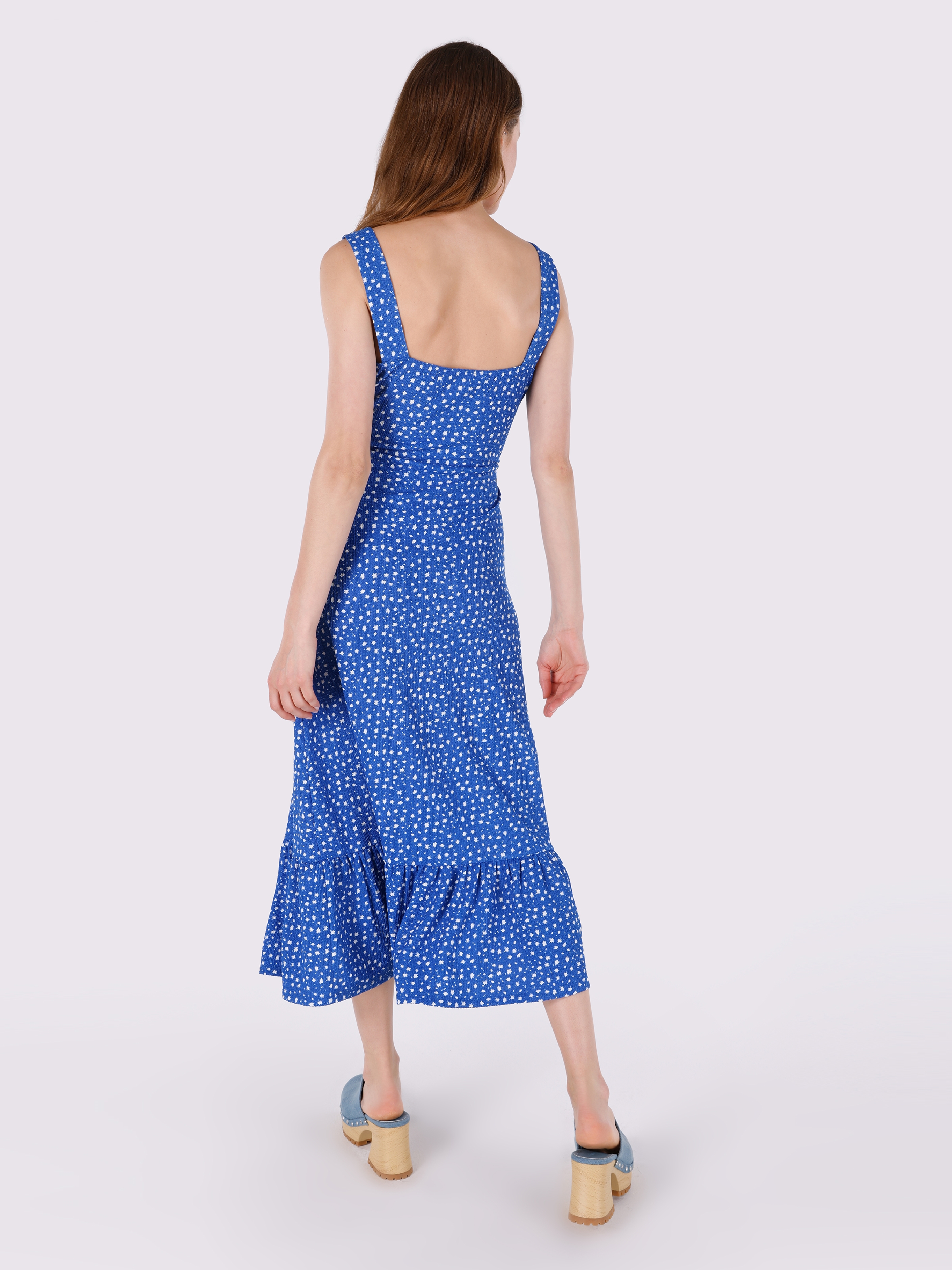 Baskılı Düğmeli Mavi Kadın Elbise Cl1063790