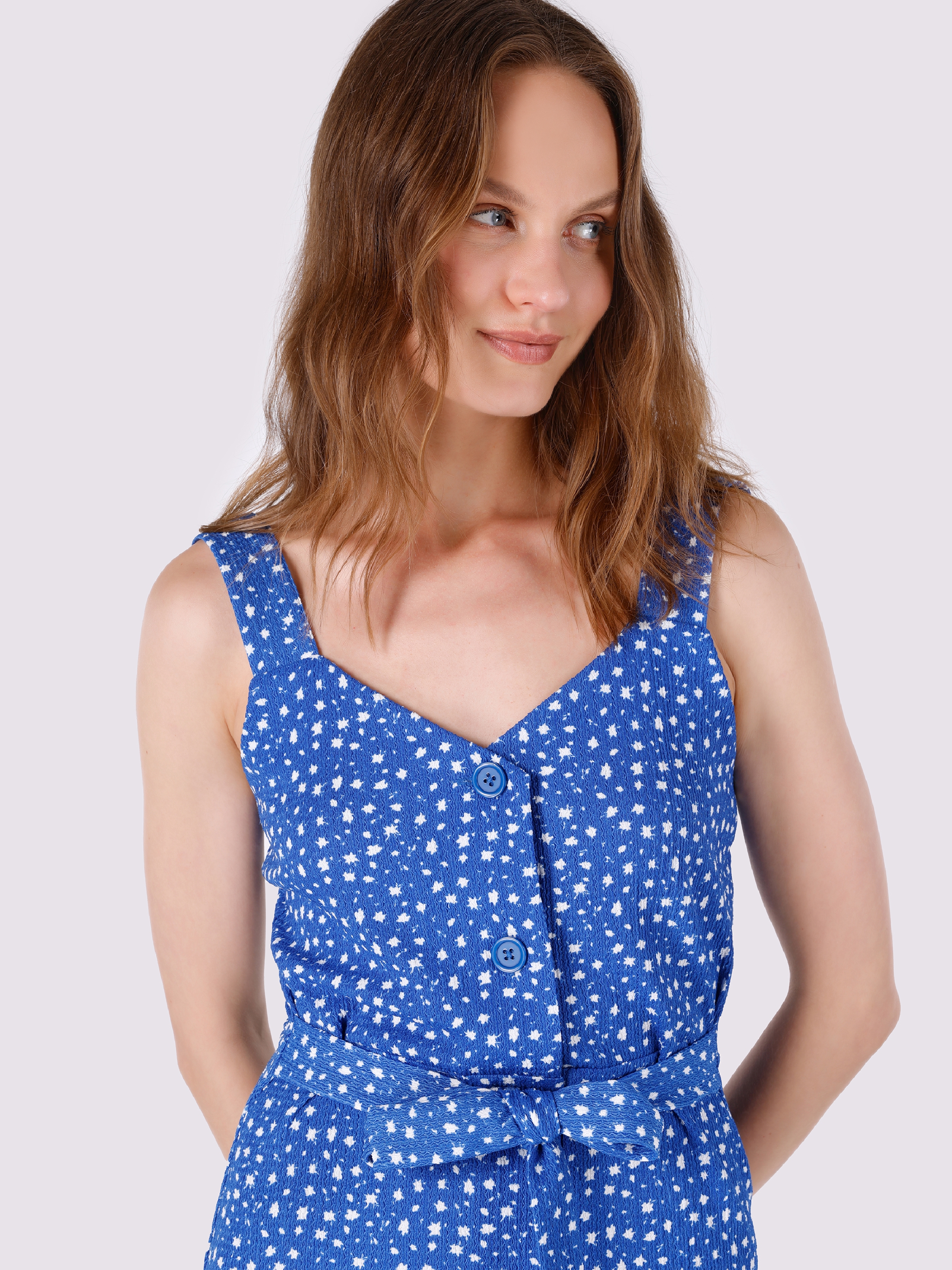 Baskılı Düğmeli Mavi Kadın Elbise Cl1063790